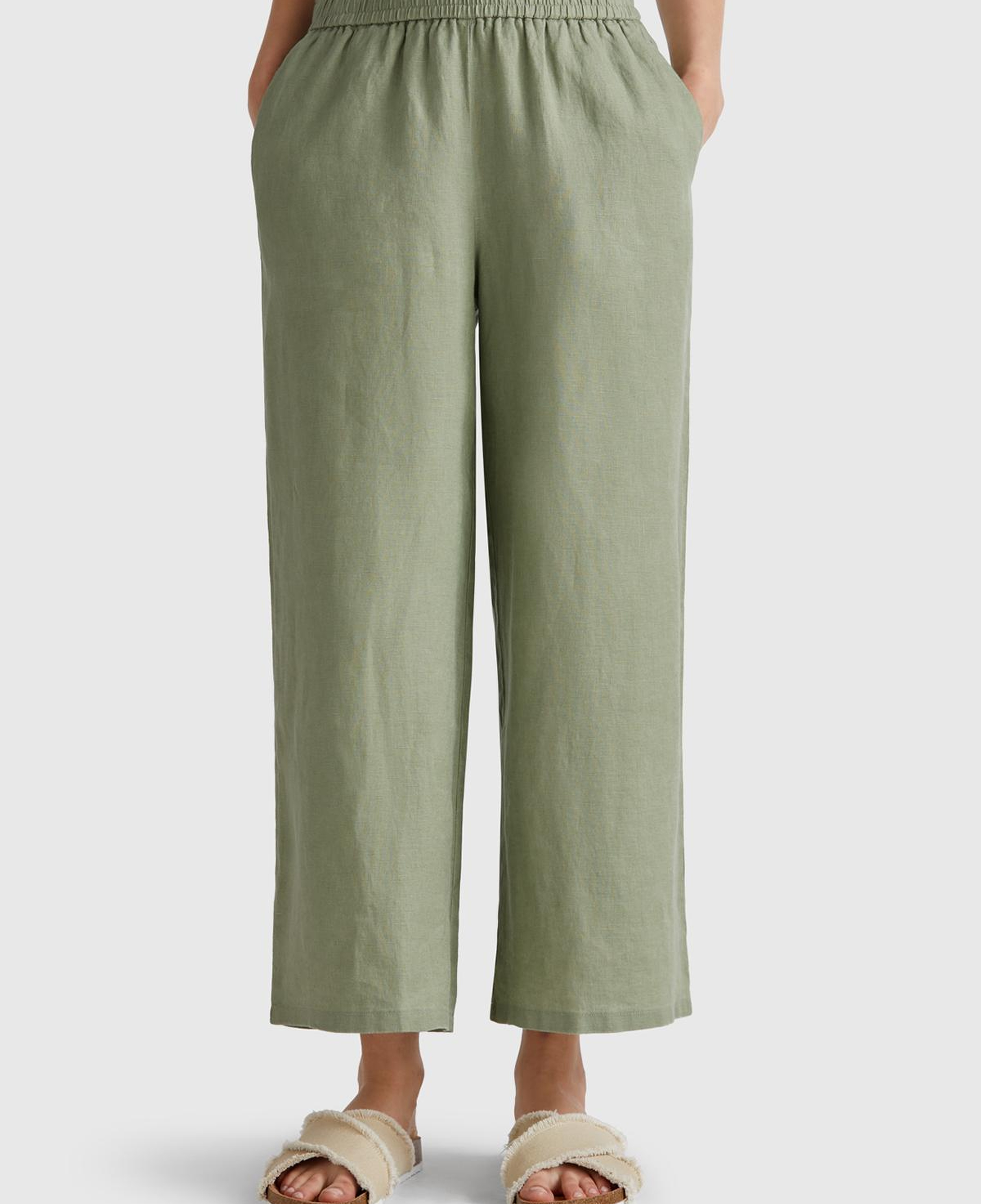 Kadın Adaçayı yeşili %100 Keten Beli Lastikli Bol Kısa Paça Pantolon