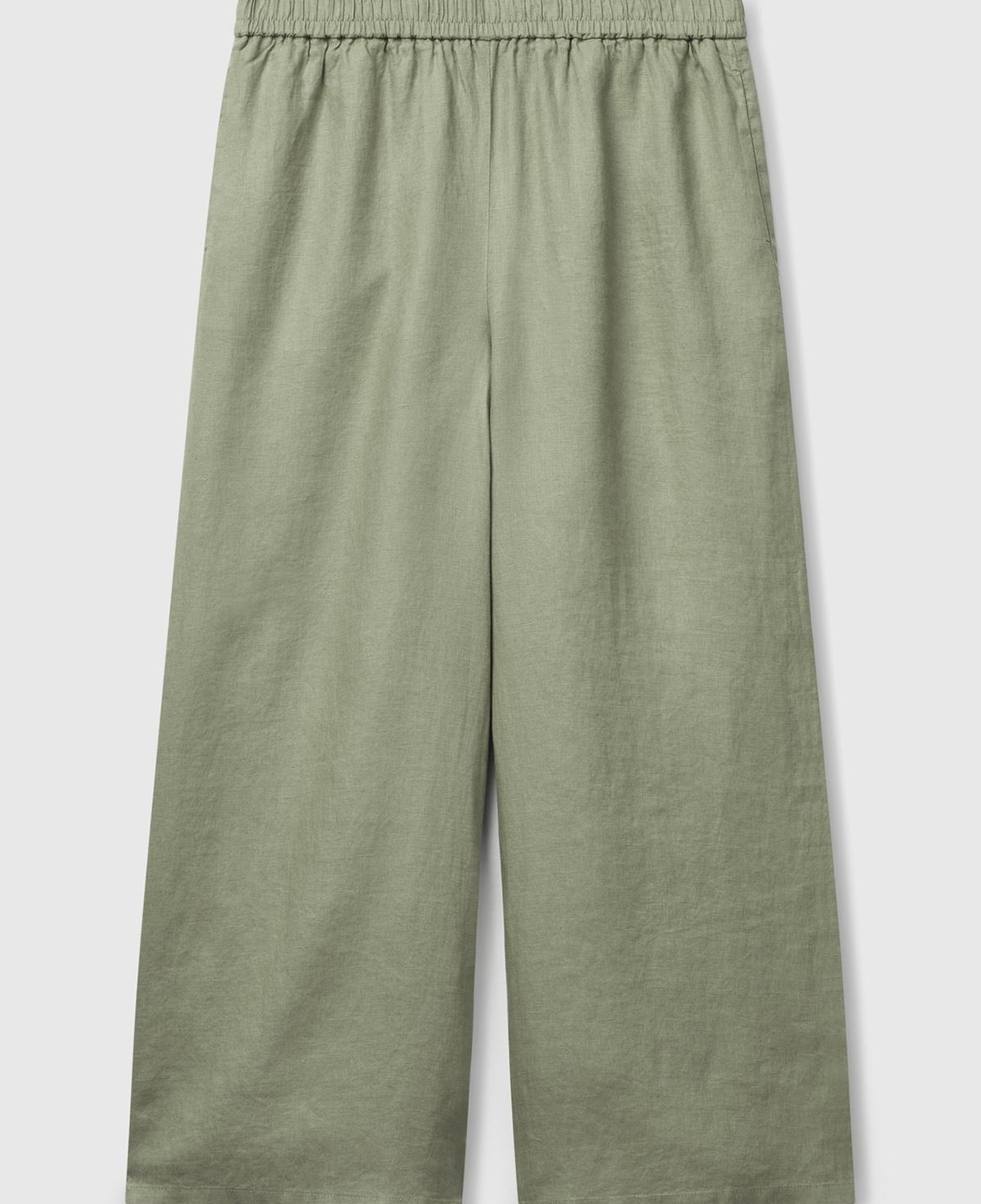 Kadın Adaçayı yeşili %100 Keten Beli Lastikli Bol Kısa Paça Pantolon