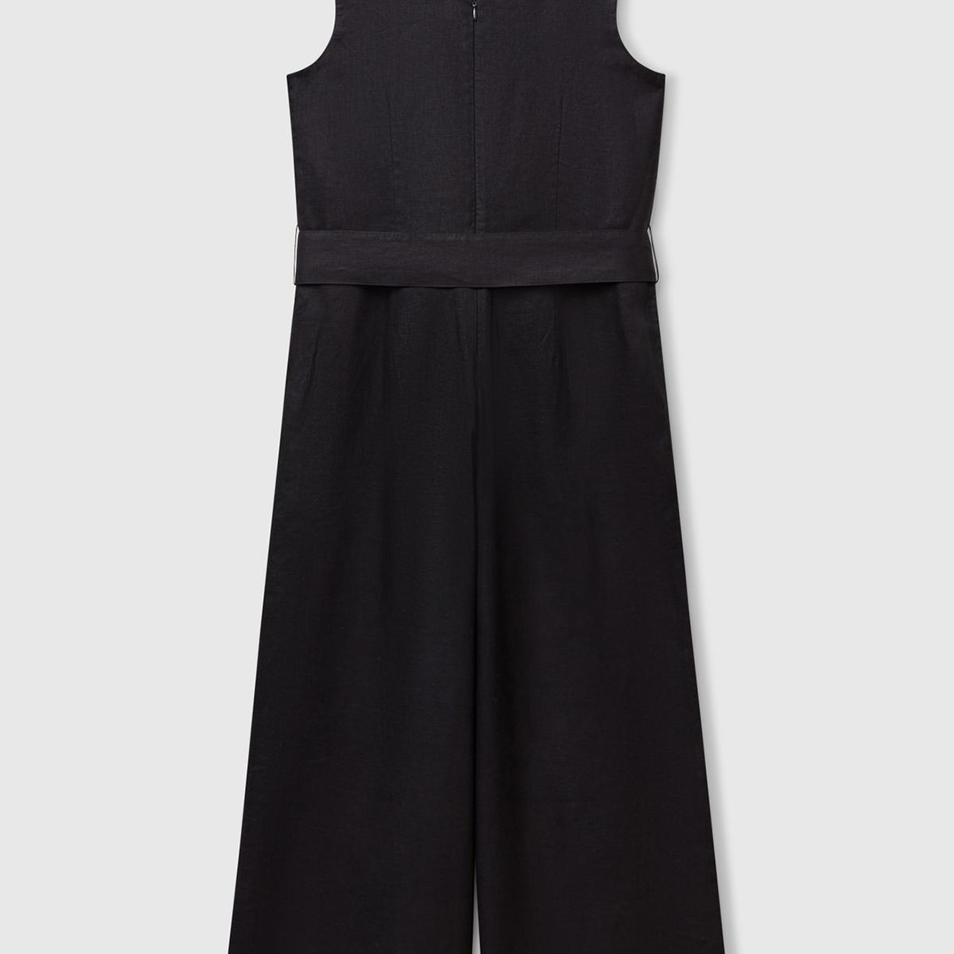 Kadın Siyah %100 Keten Kuşaklı Bedeni Oturan Wide Leg V Yaka Tulum