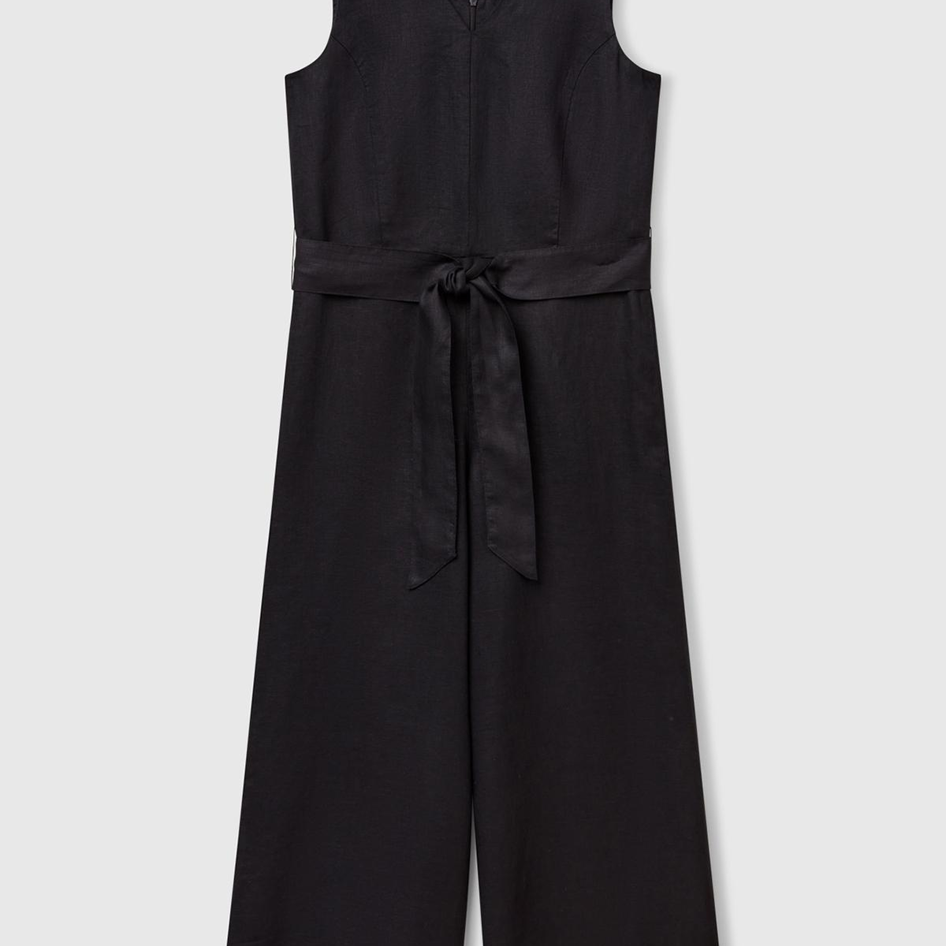 Kadın Siyah %100 Keten Kuşaklı Bedeni Oturan Wide Leg V Yaka Tulum