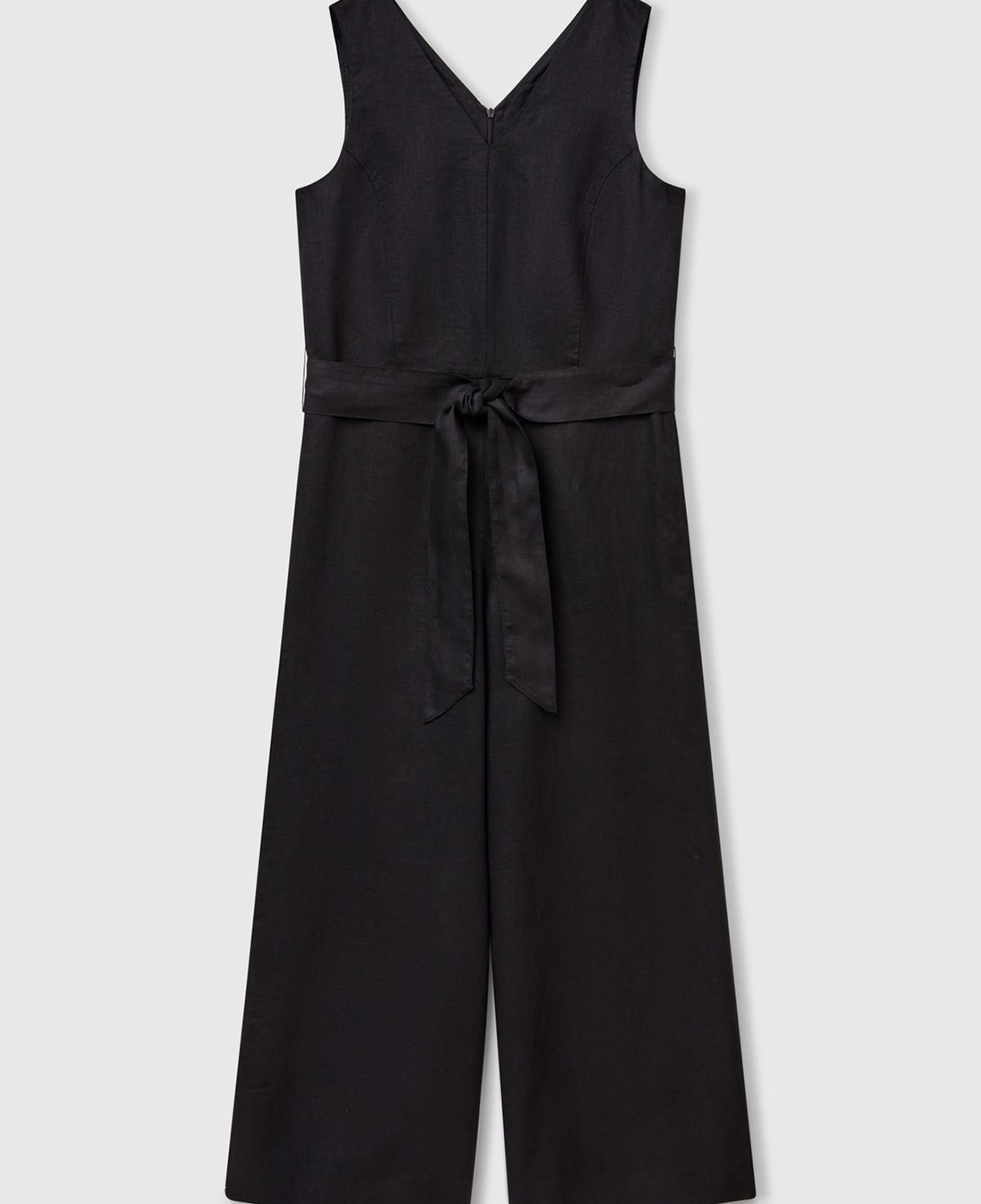 Kadın Siyah %100 Keten Kuşaklı Bedeni Oturan Wide Leg V Yaka Tulum