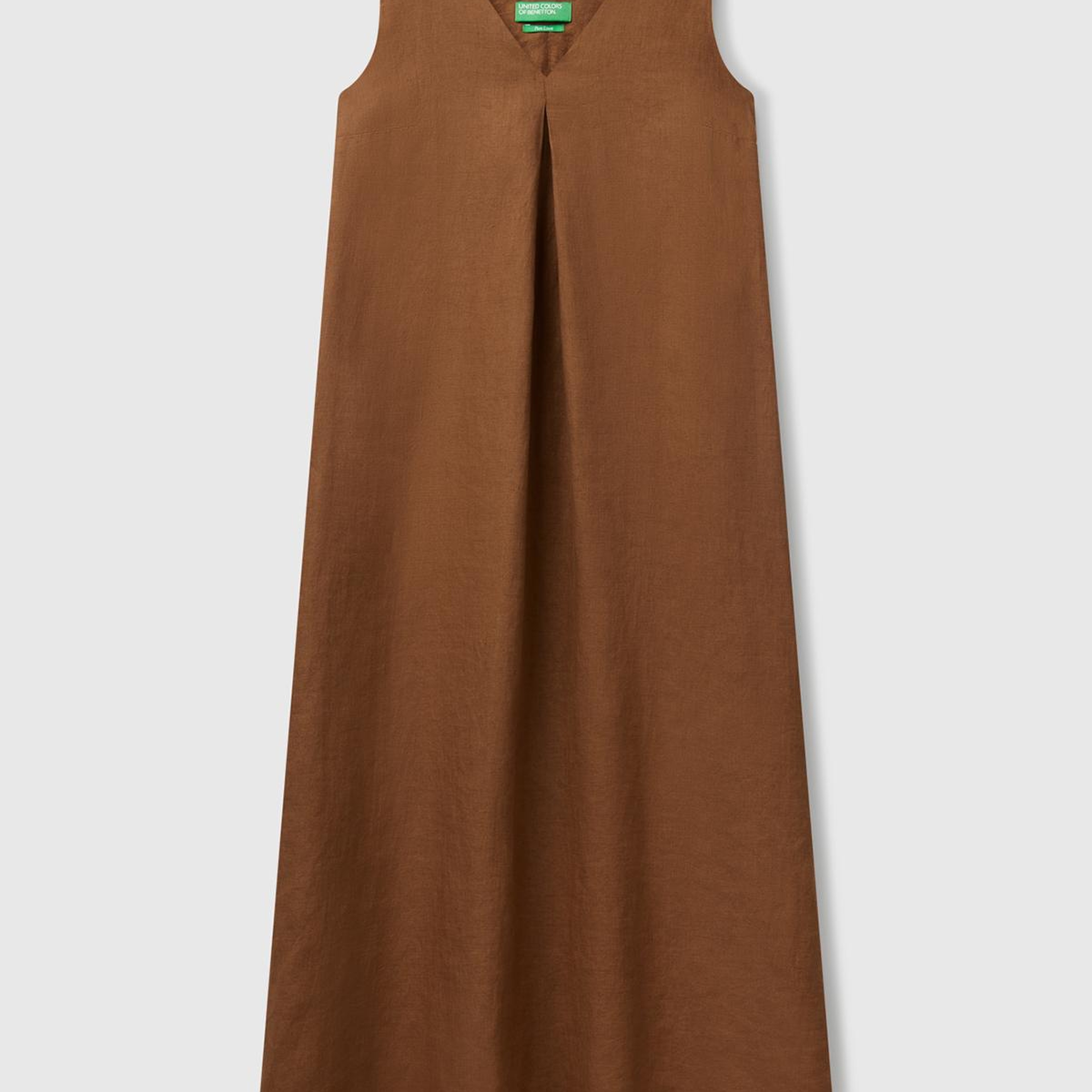 Kadın Kahverengi %100 Keten V Yaka Kolsuz A Kesim Midi Elbise