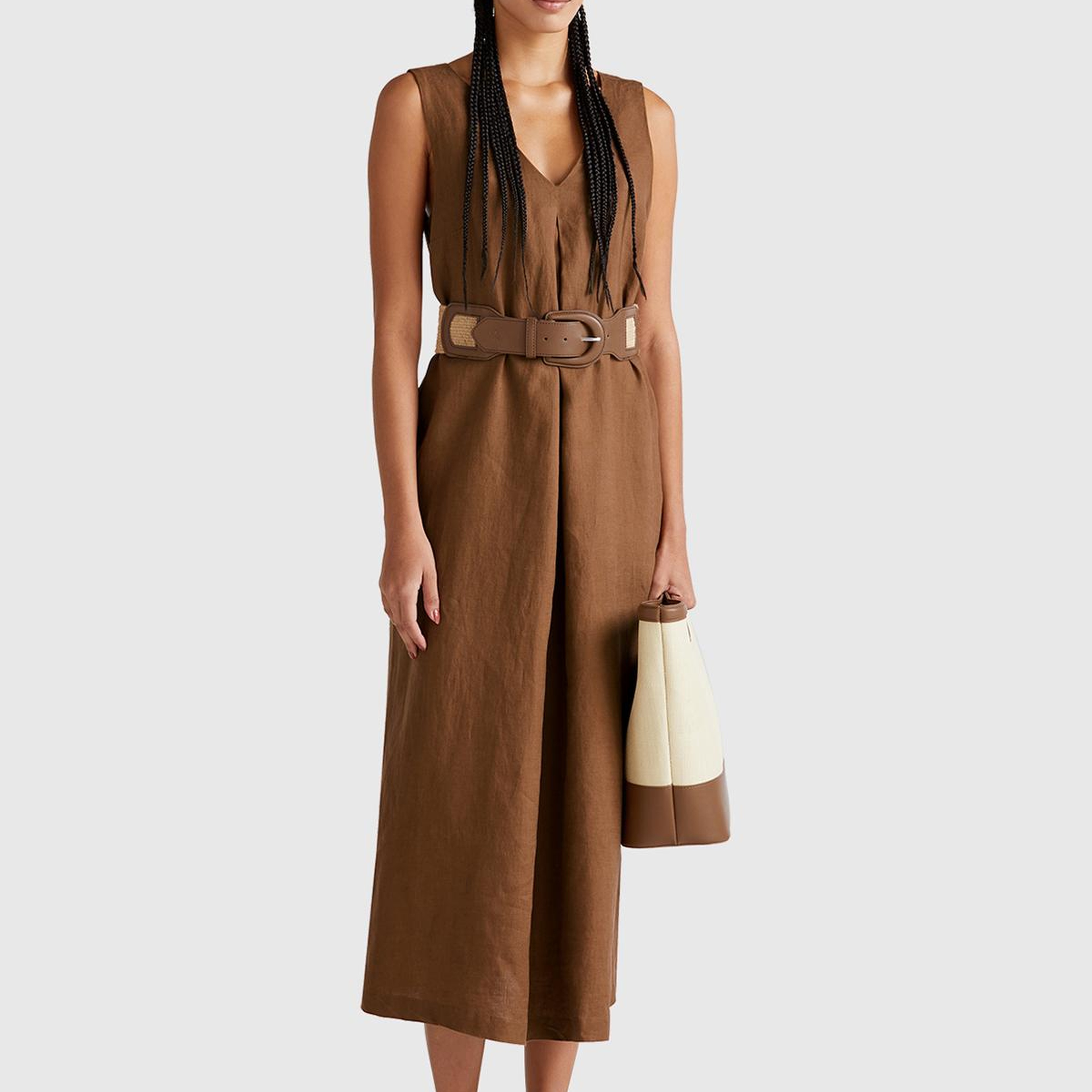 Kadın Kahverengi %100 Keten V Yaka Kolsuz A Kesim Midi Elbise