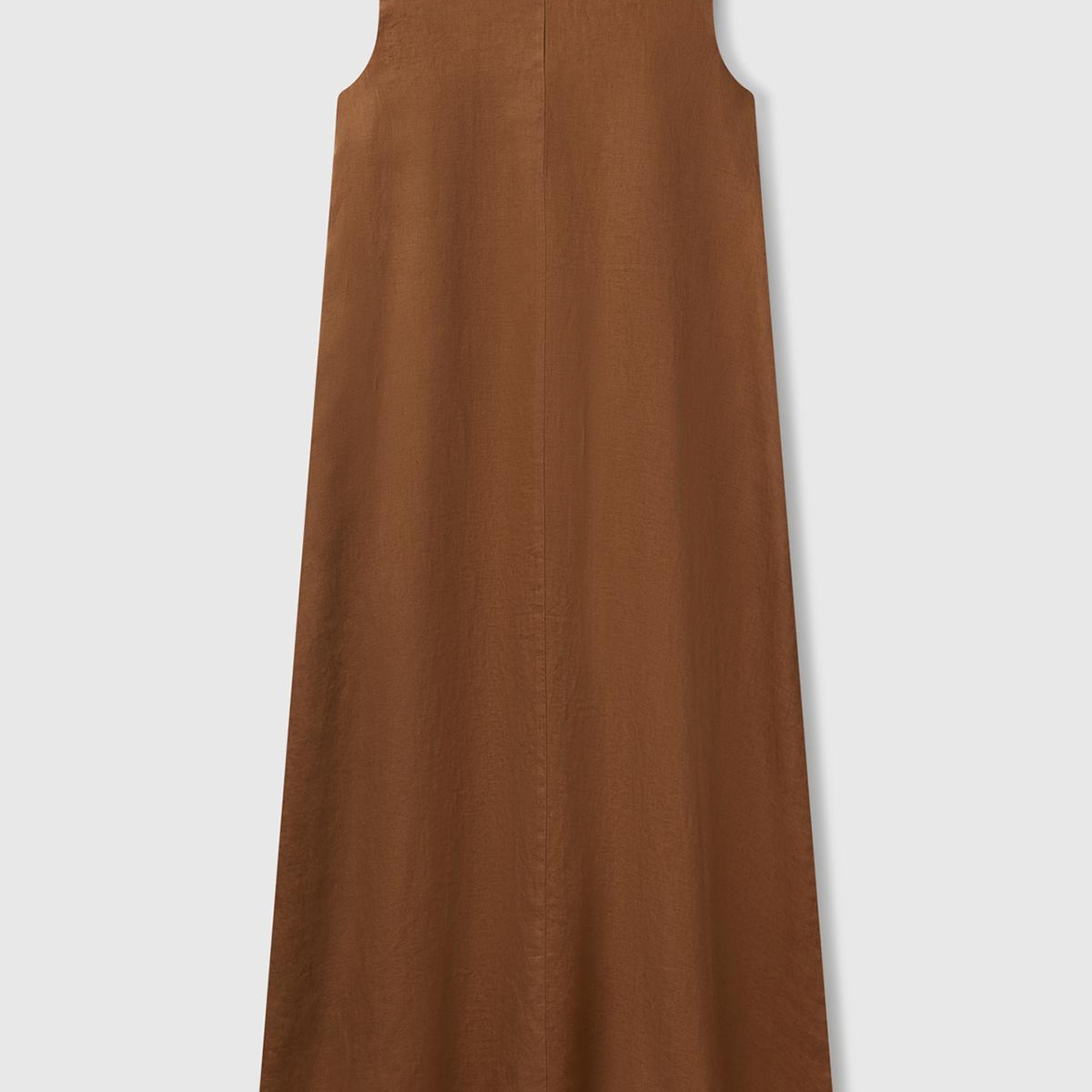 Kadın Kahverengi %100 Keten V Yaka Kolsuz A Kesim Midi Elbise