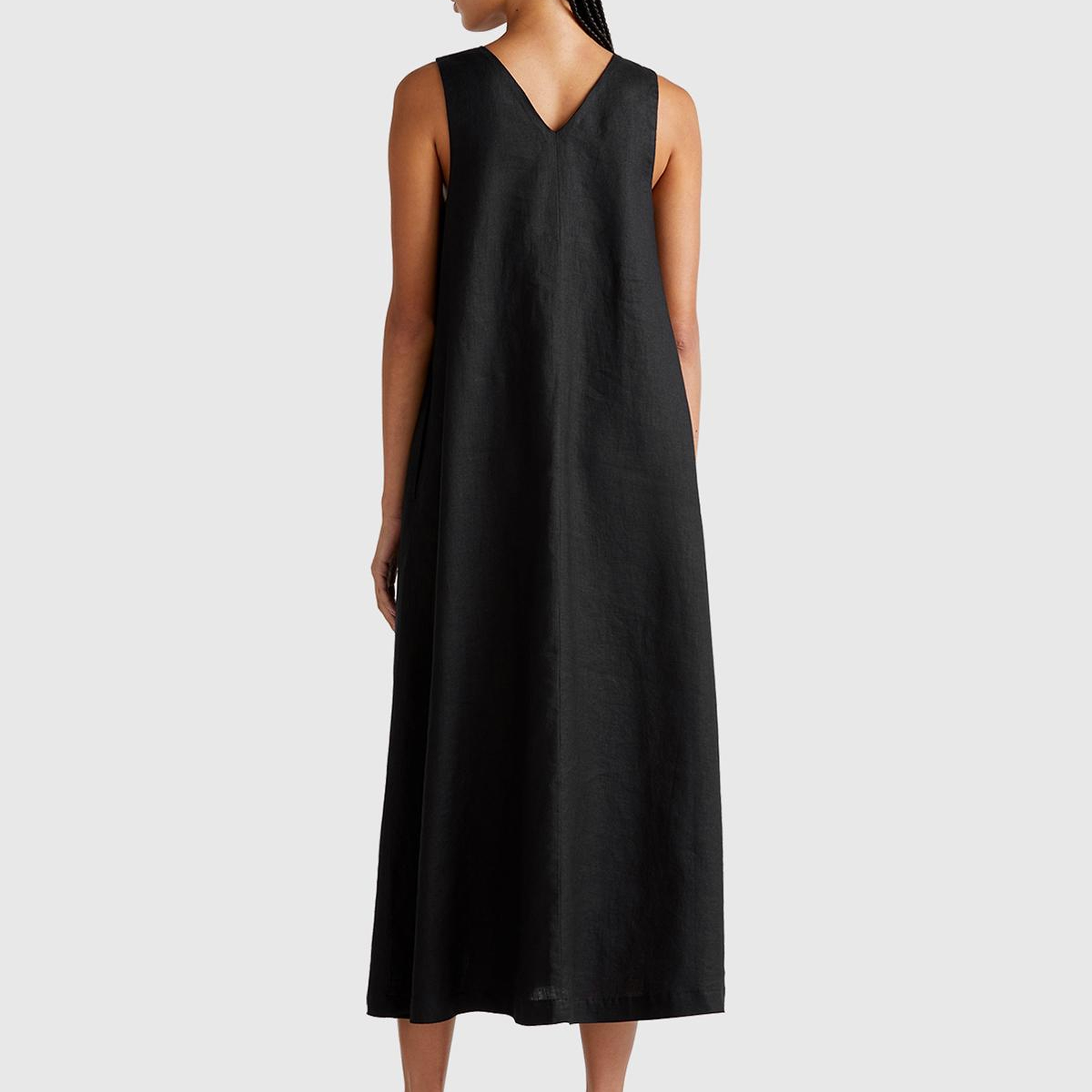 Kadın Siyah %100 Keten V Yaka Kolsuz A Kesim Midi Elbise