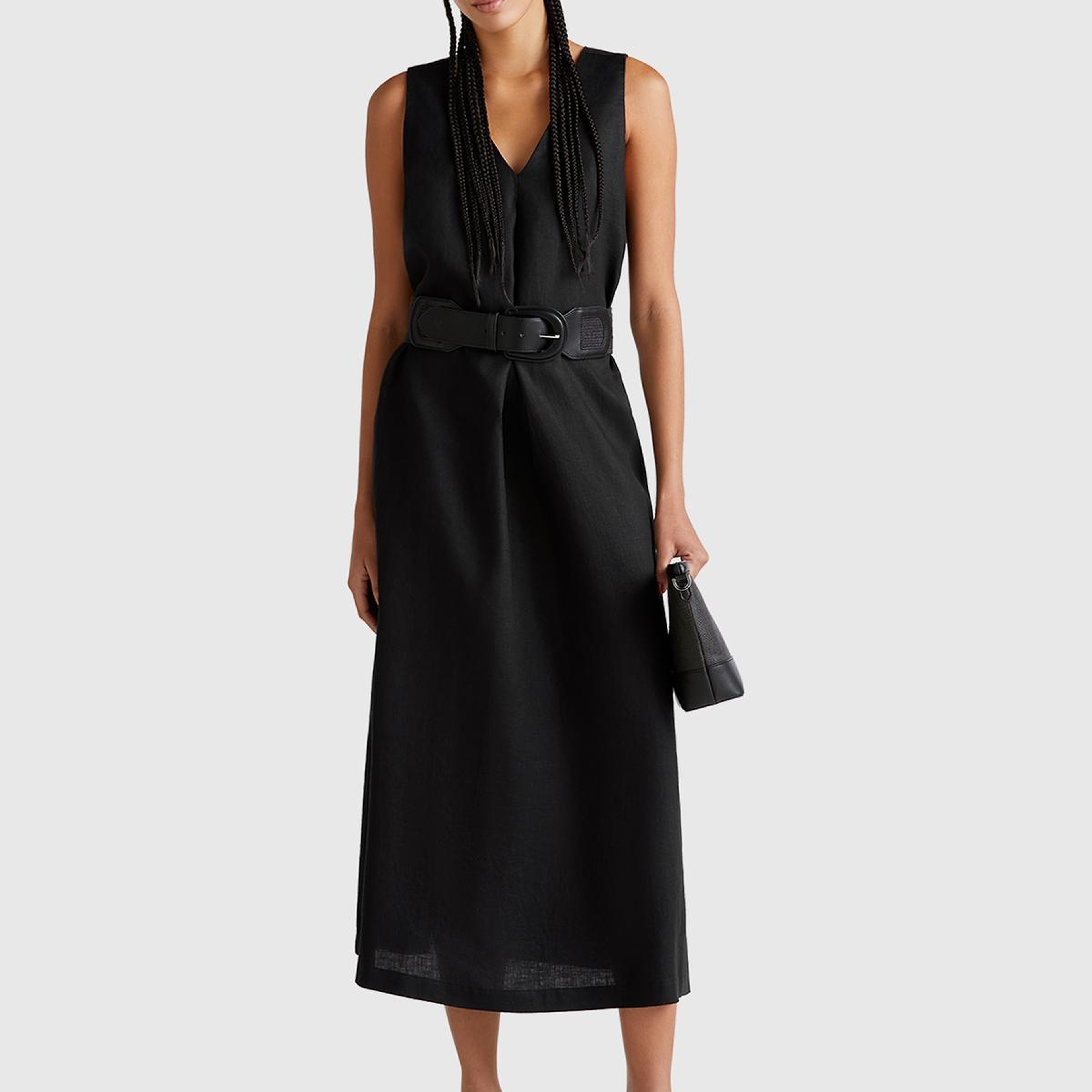 Kadın Siyah %100 Keten V Yaka Kolsuz A Kesim Midi Elbise