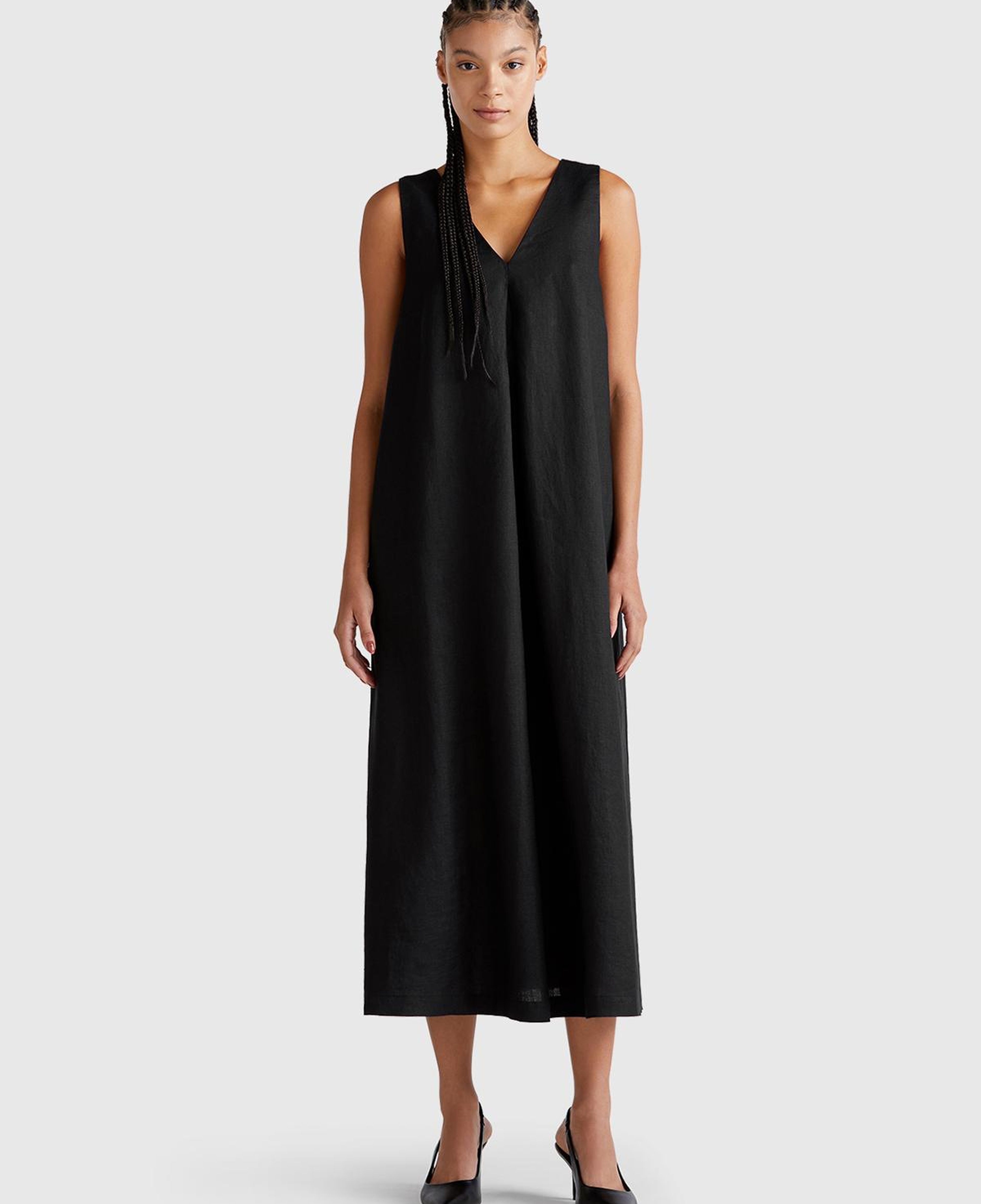 Kadın Siyah %100 Keten V Yaka Kolsuz A Kesim Midi Elbise