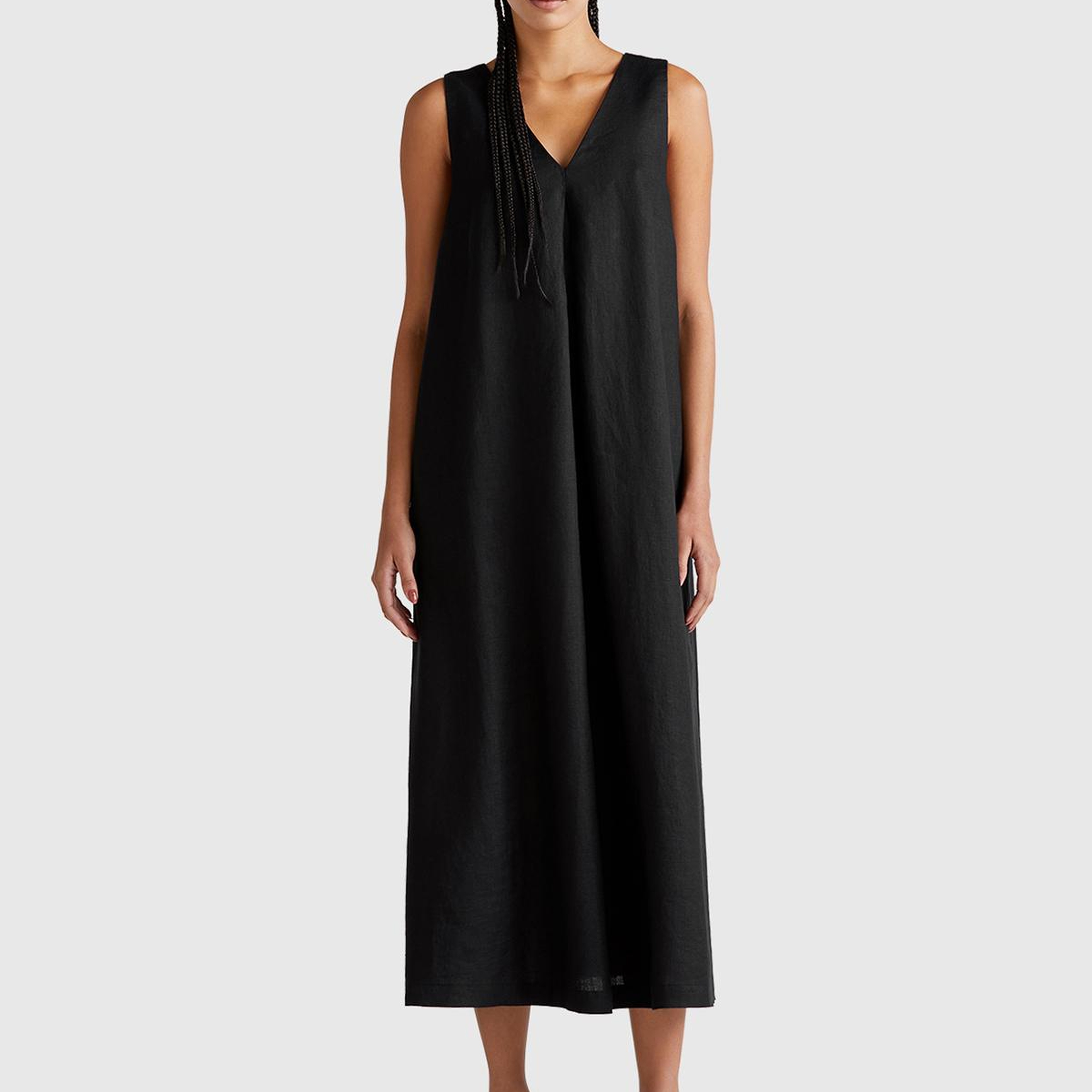 Kadın Siyah %100 Keten V Yaka Kolsuz A Kesim Midi Elbise