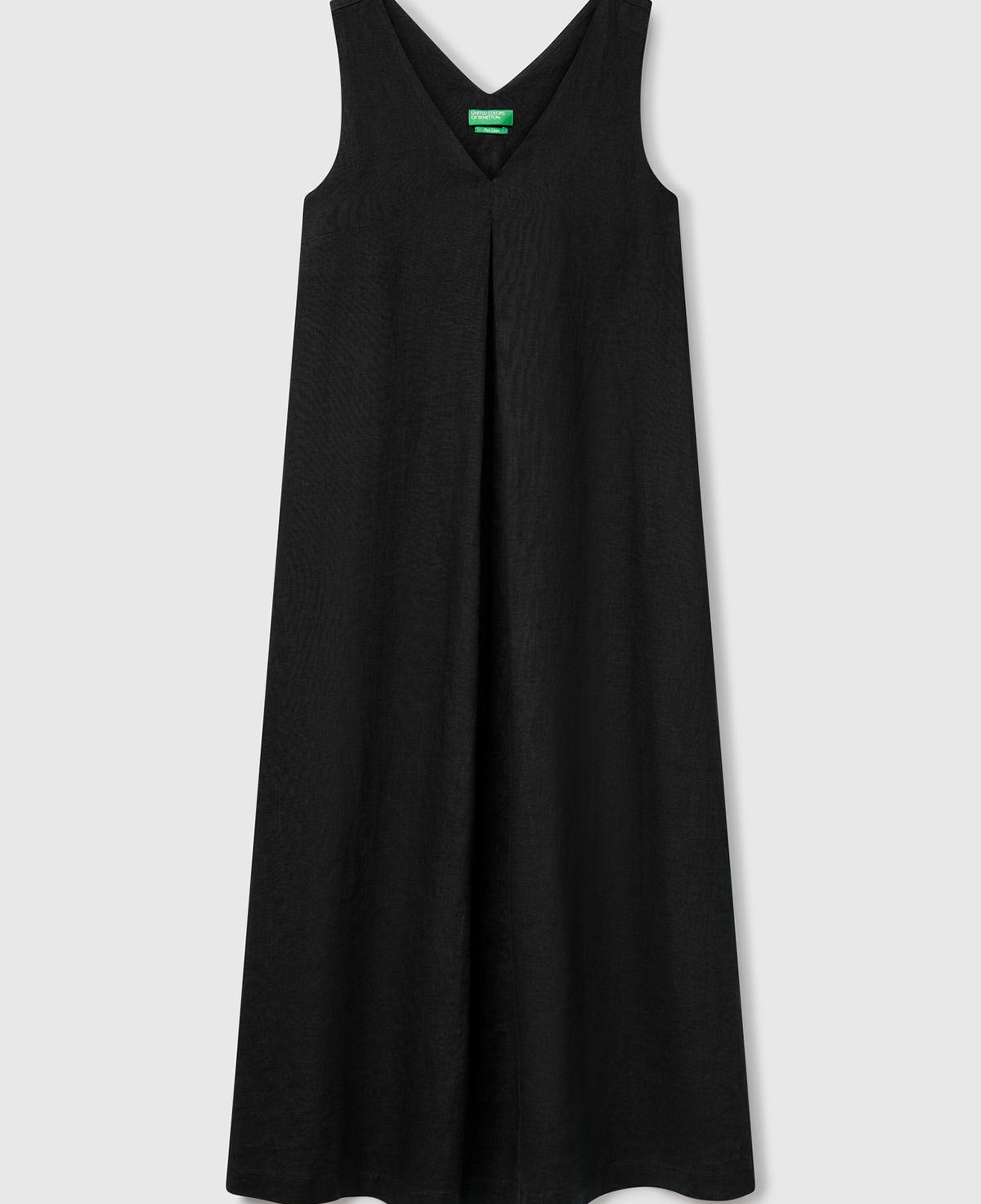 Kadın Siyah %100 Keten V Yaka Kolsuz A Kesim Midi Elbise