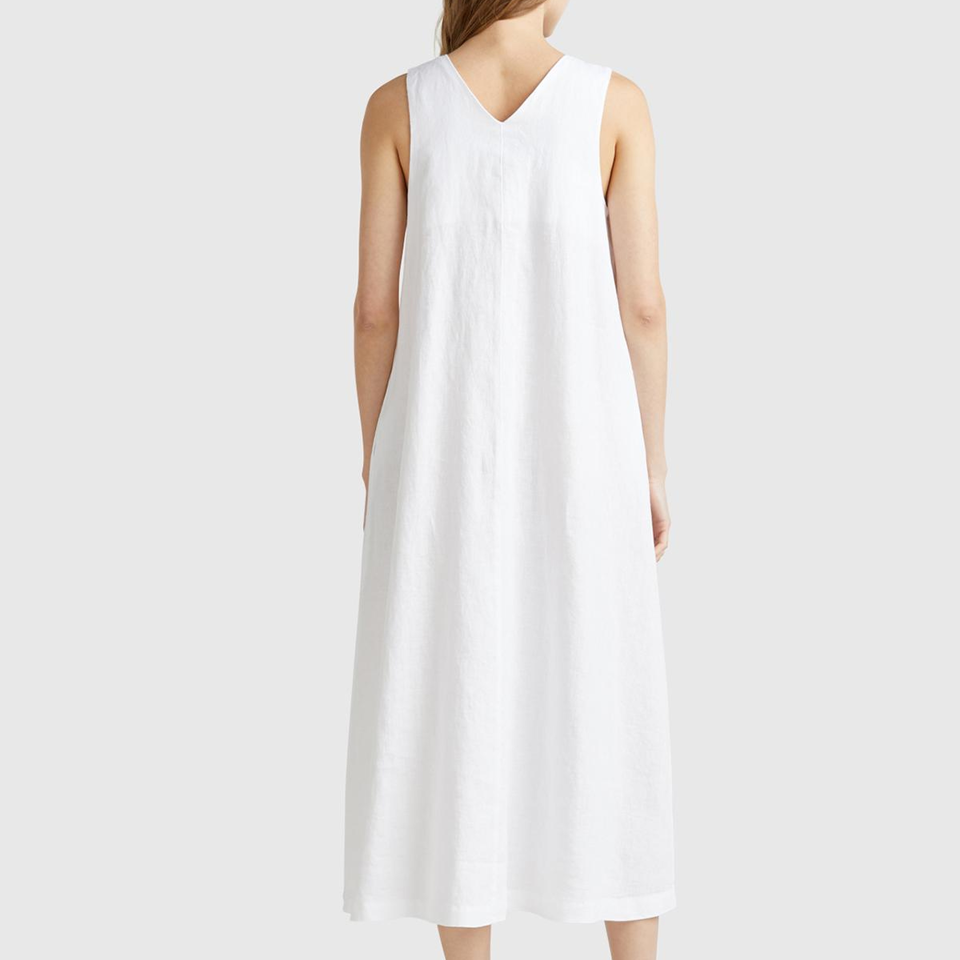 Kadın Beyaz %100 Keten V Yaka Kolsuz A Kesim Midi Elbise