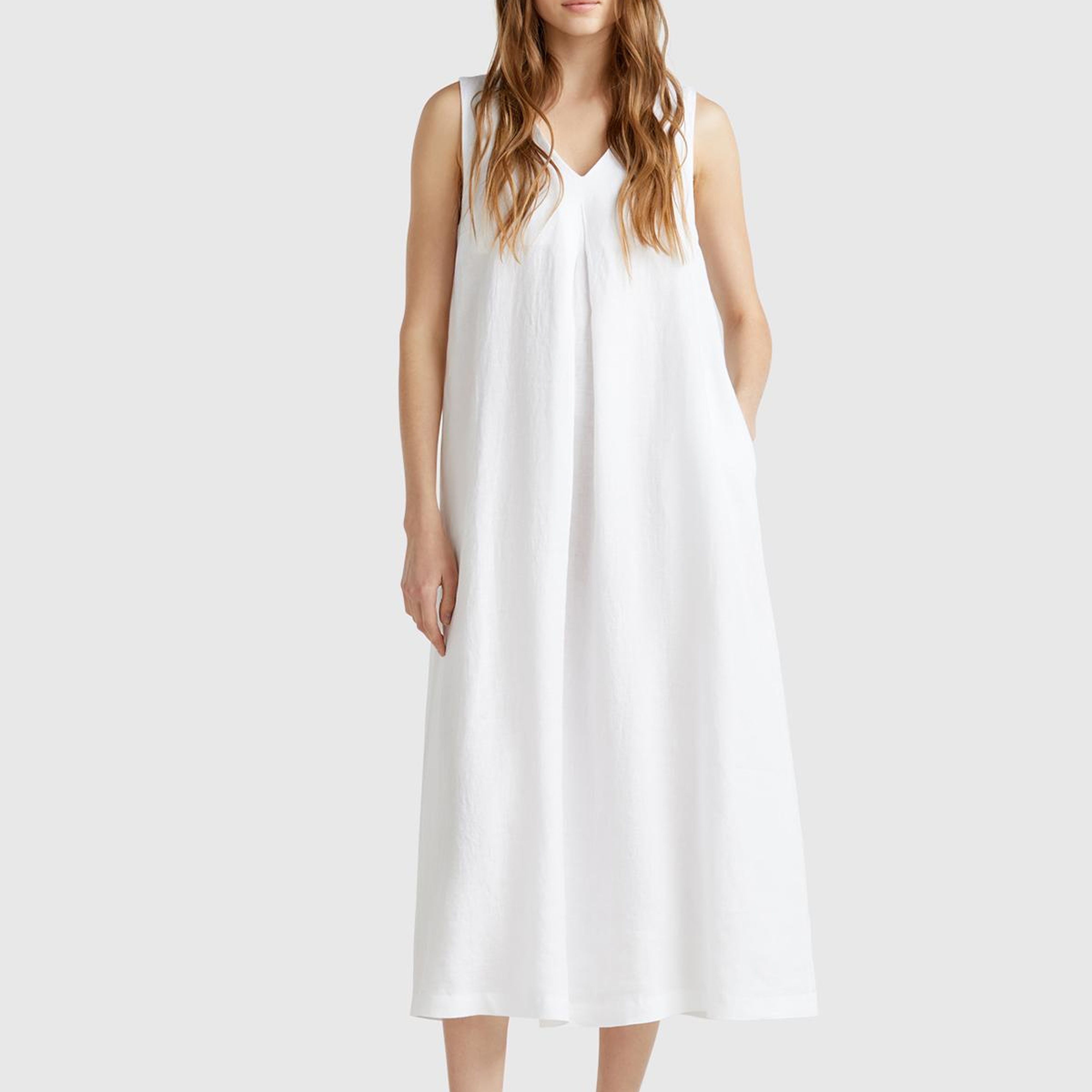 Kadın Beyaz %100 Keten V Yaka Kolsuz A Kesim Midi Elbise