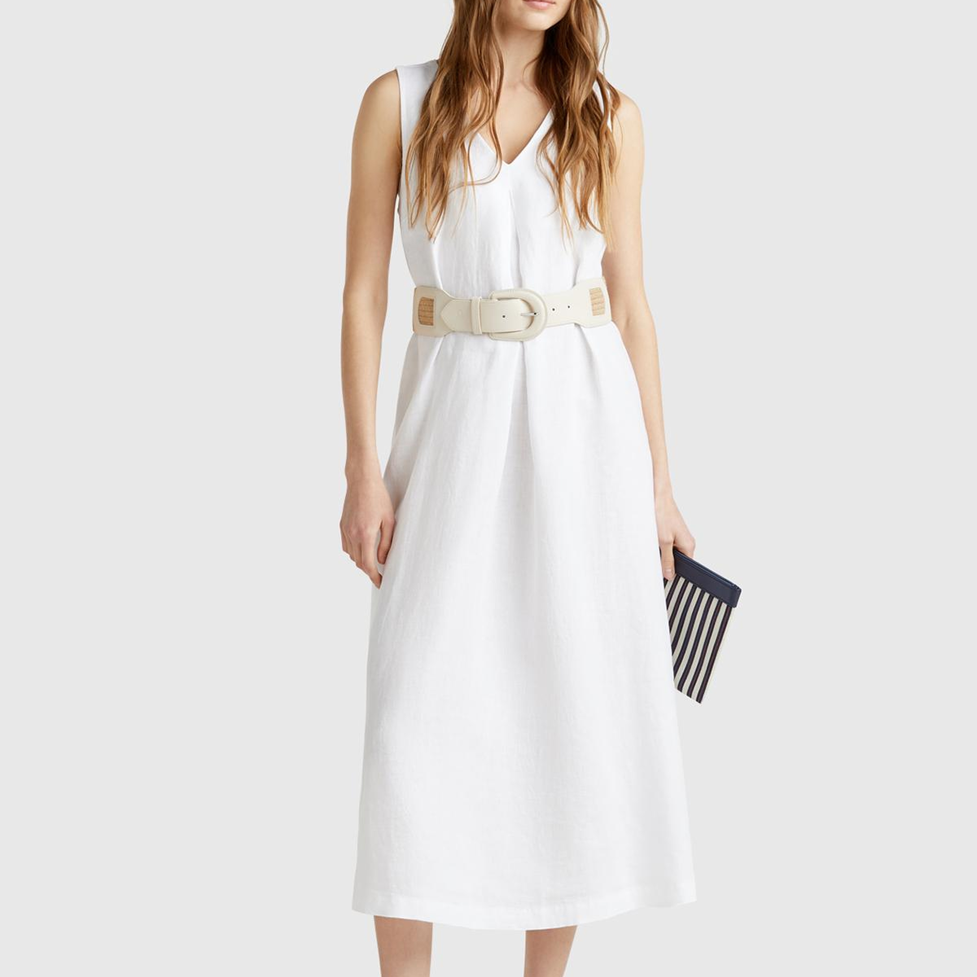 Kadın Beyaz %100 Keten V Yaka Kolsuz A Kesim Midi Elbise