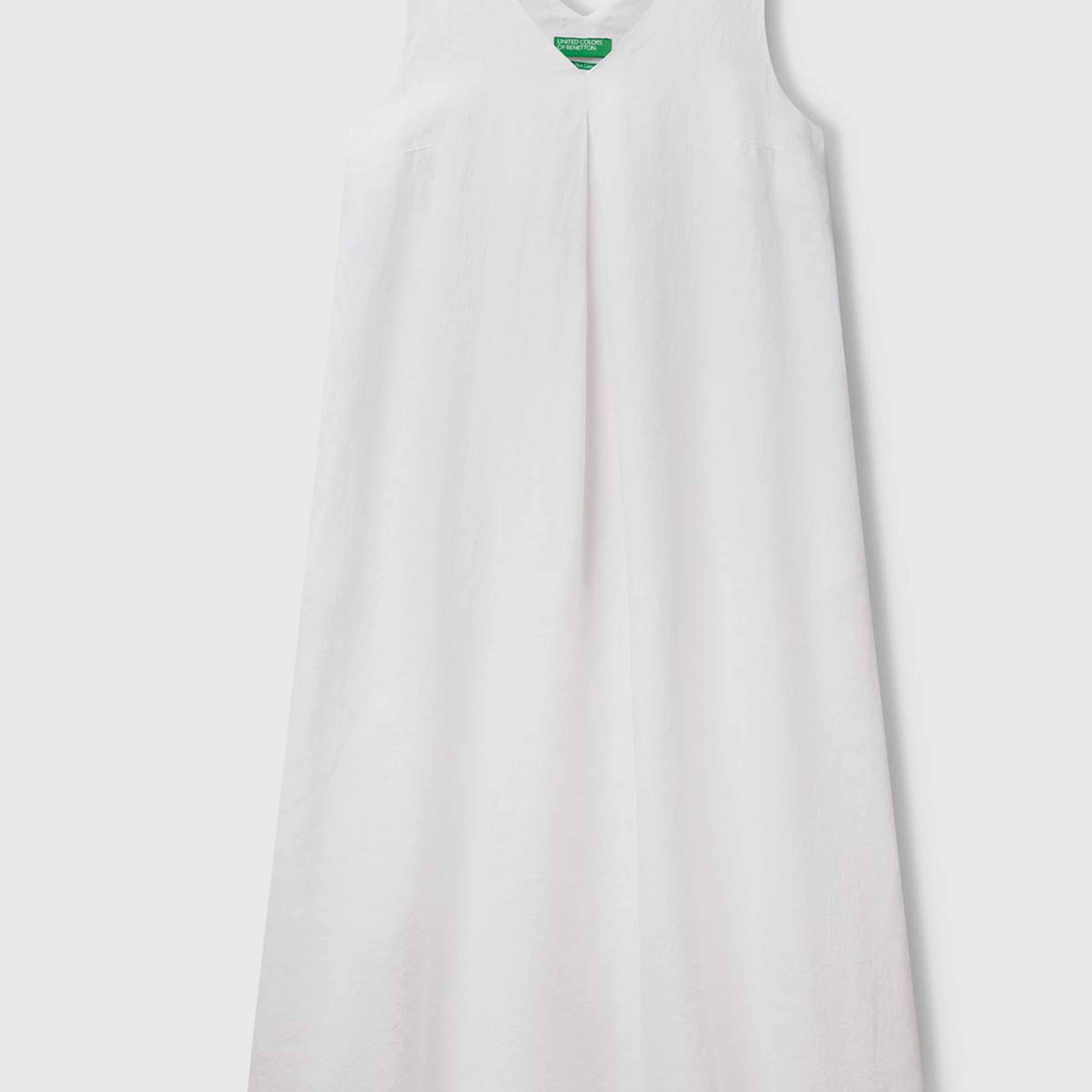 Kadın Beyaz %100 Keten V Yaka Kolsuz A Kesim Midi Elbise