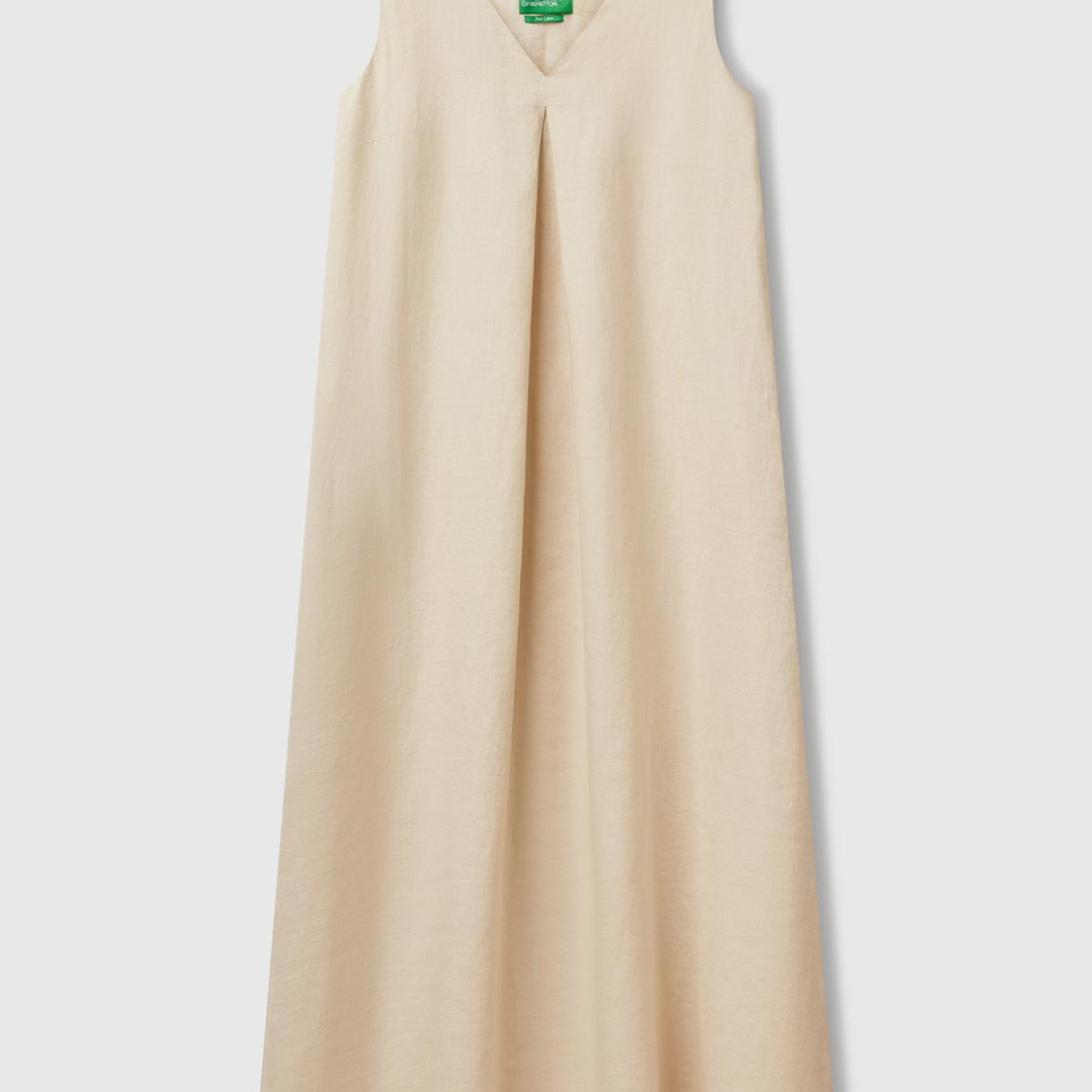 Kadın Taş Rengi %100 Keten V Yaka Kolsuz A Kesim Midi Elbise