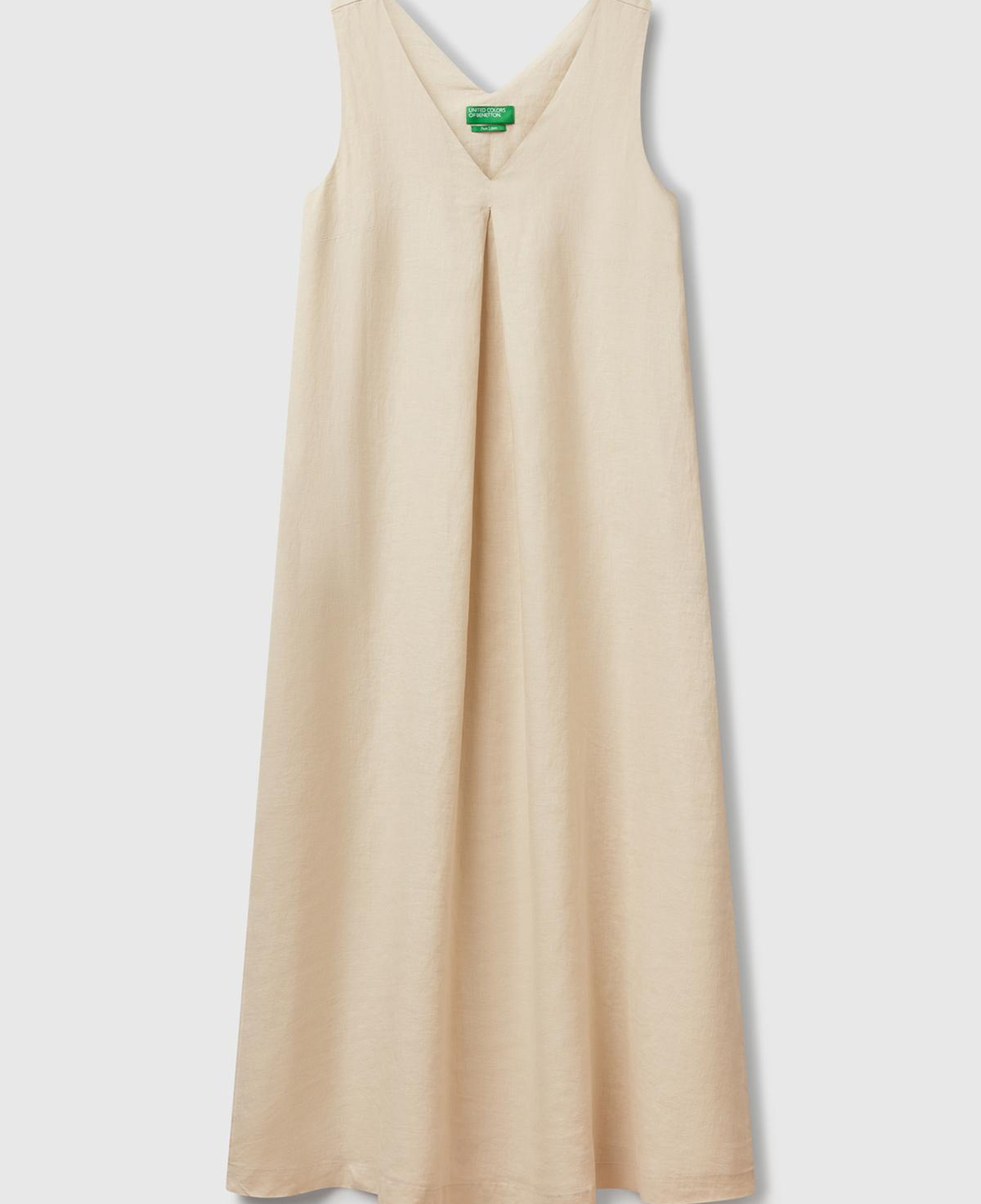 Kadın Taş Rengi %100 Keten V Yaka Kolsuz A Kesim Midi Elbise