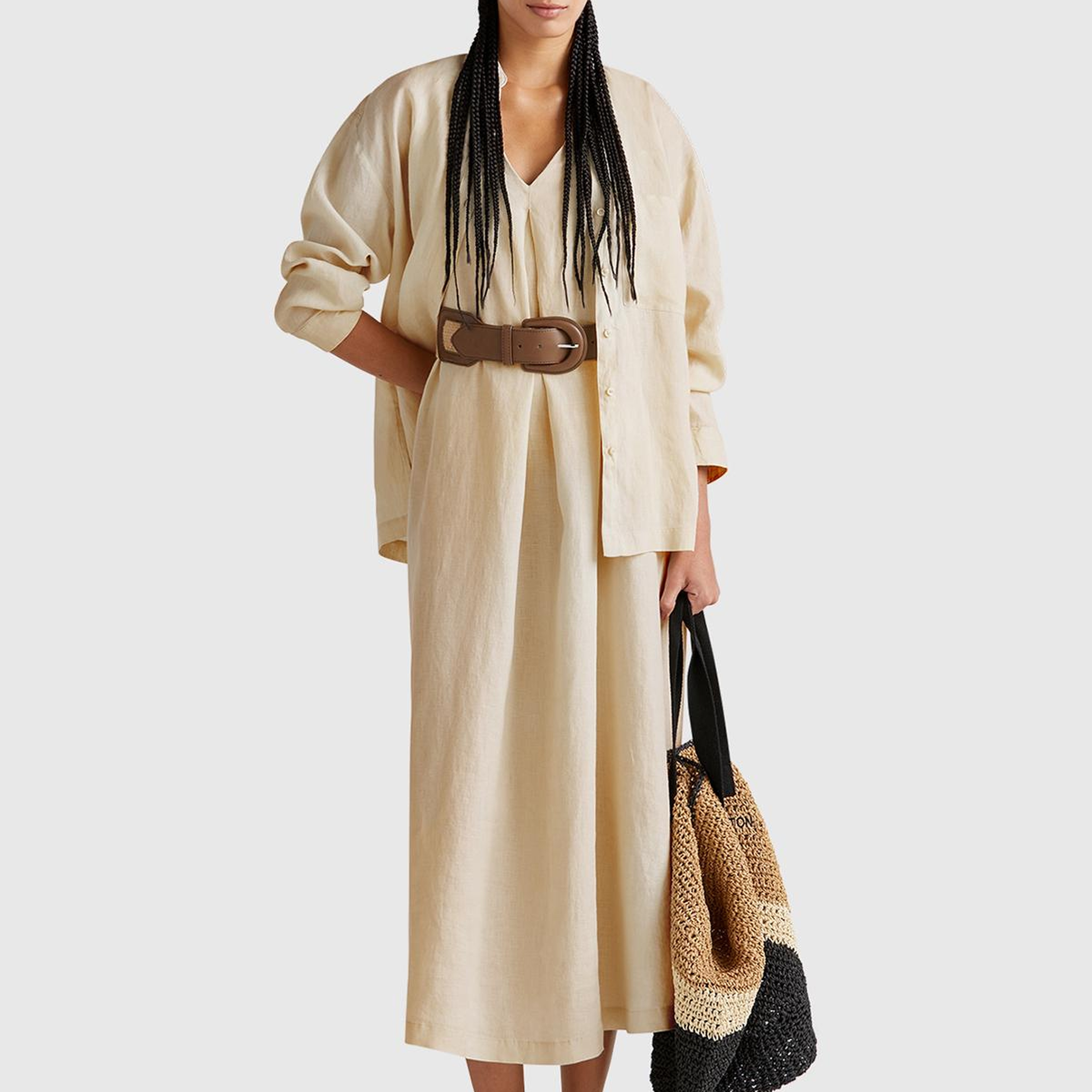 Kadın Taş Rengi %100 Keten V Yaka Kolsuz A Kesim Midi Elbise