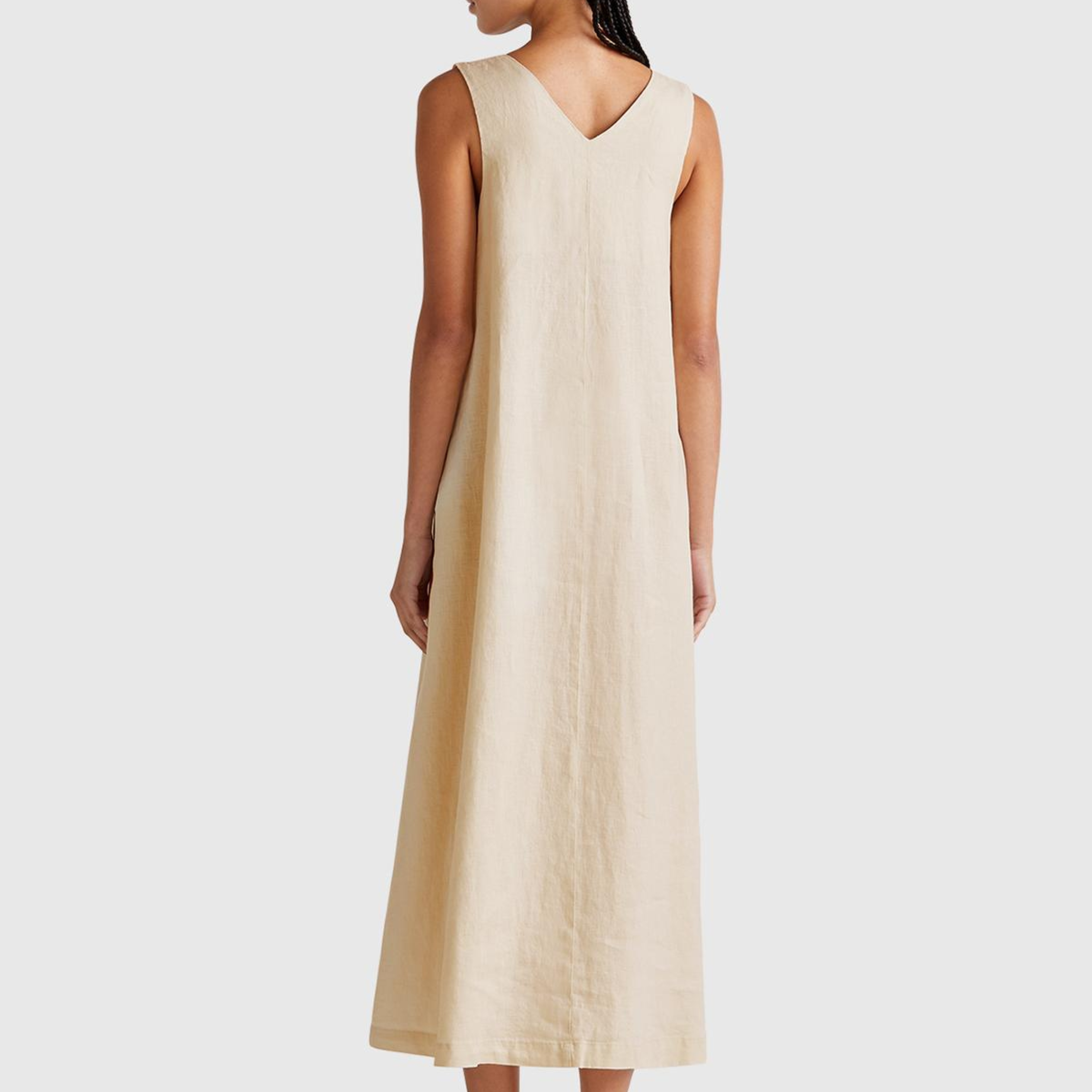 Kadın Taş Rengi %100 Keten V Yaka Kolsuz A Kesim Midi Elbise