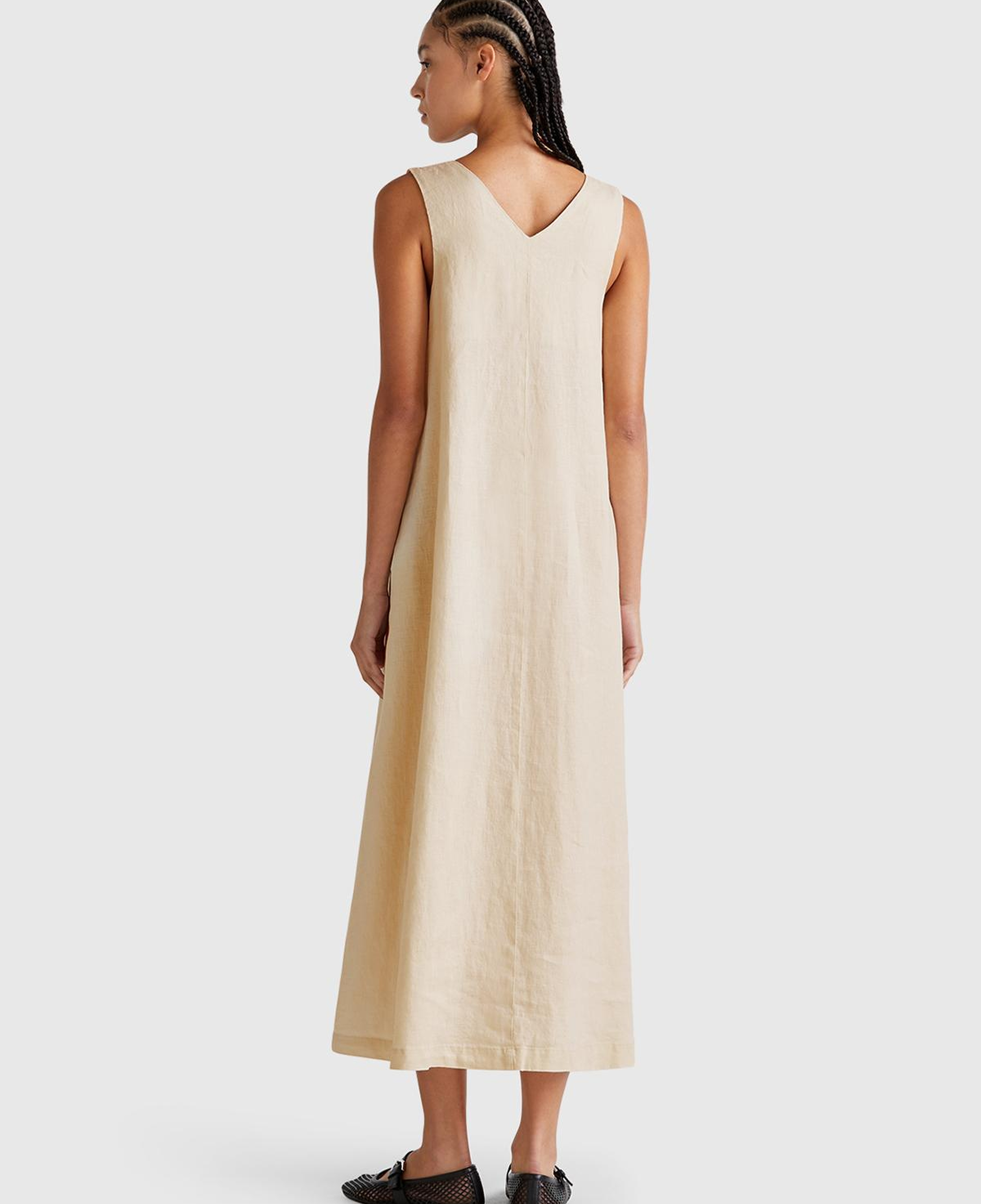 Kadın Taş Rengi %100 Keten V Yaka Kolsuz A Kesim Midi Elbise