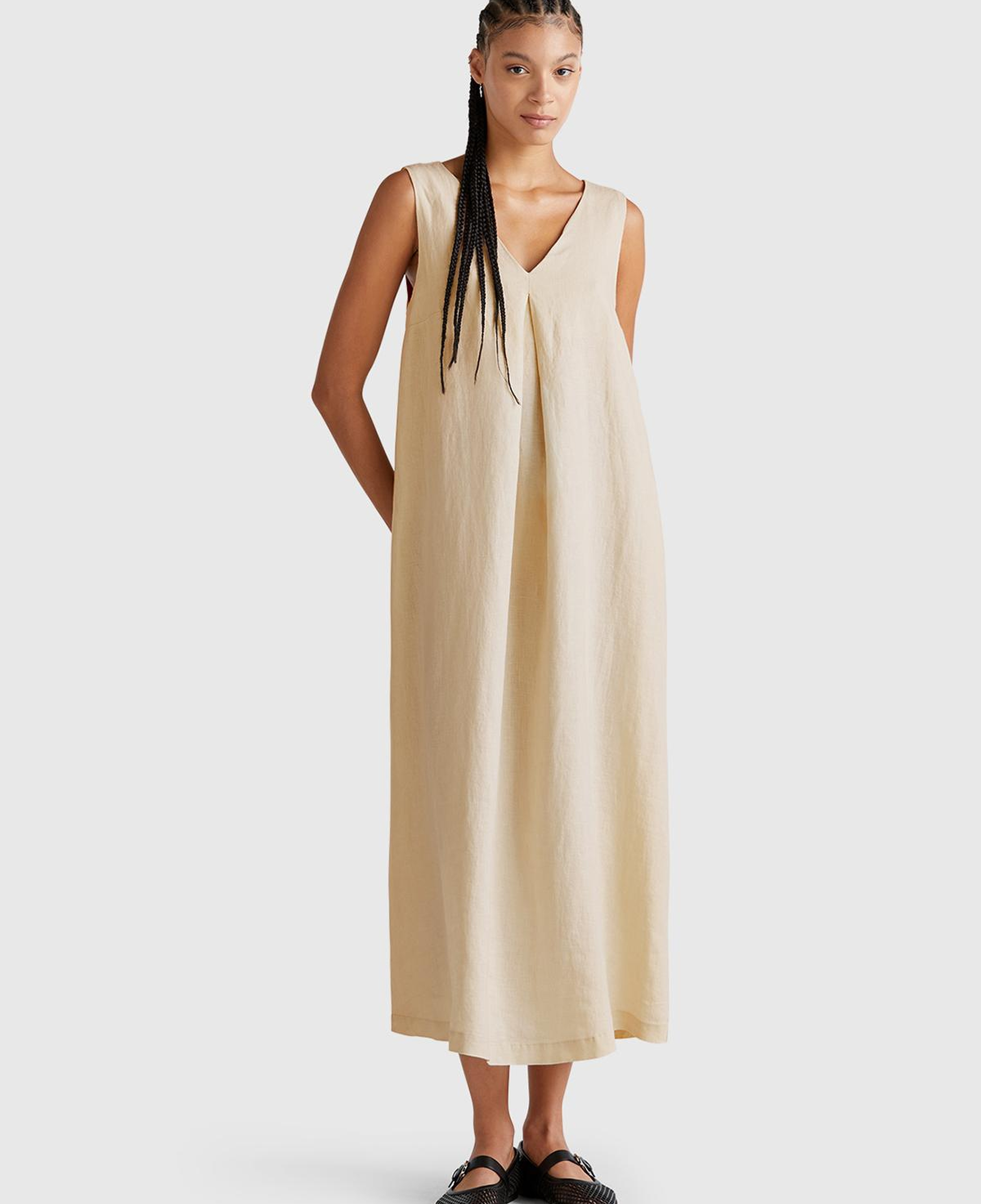 Kadın Taş Rengi %100 Keten V Yaka Kolsuz A Kesim Midi Elbise