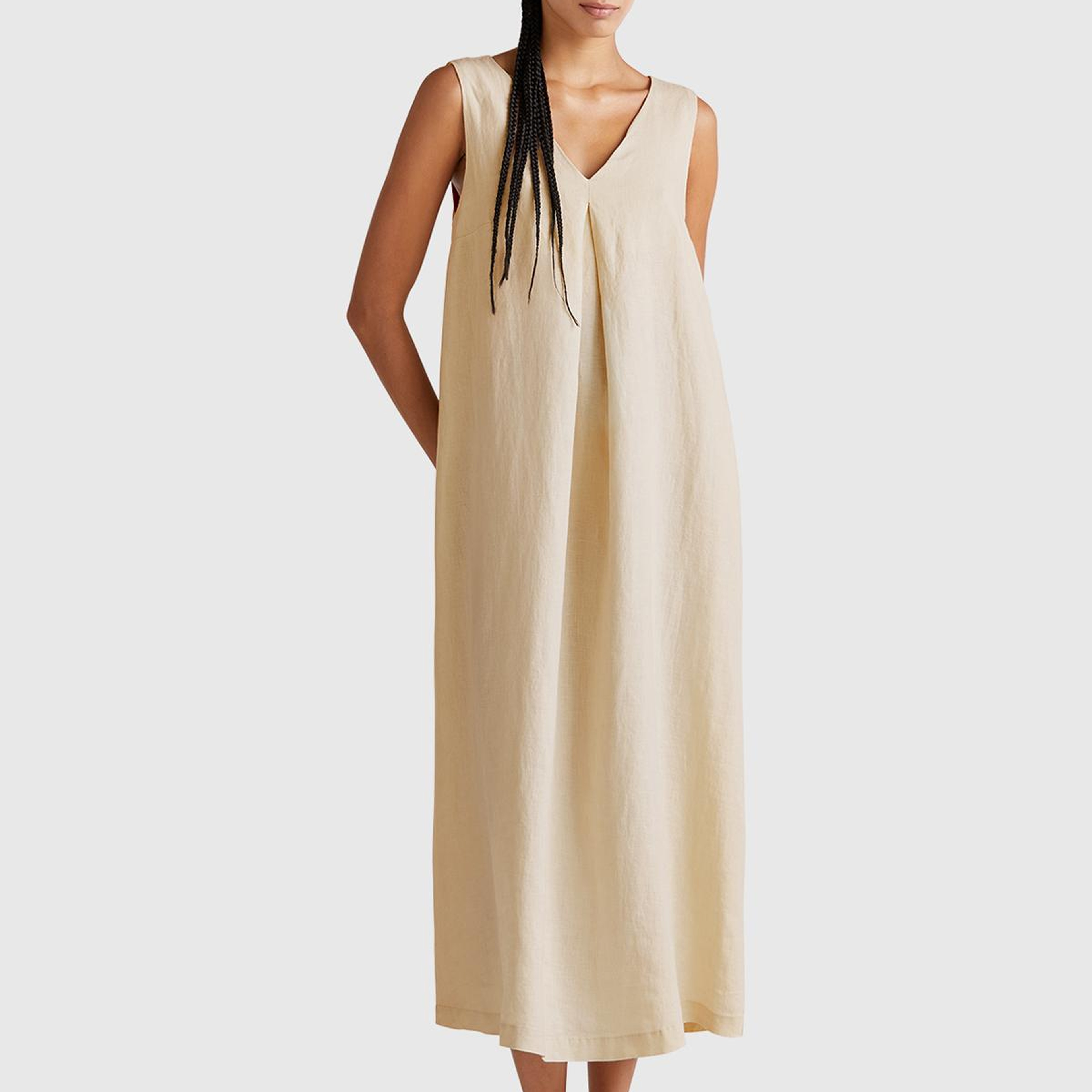 Kadın Taş Rengi %100 Keten V Yaka Kolsuz A Kesim Midi Elbise