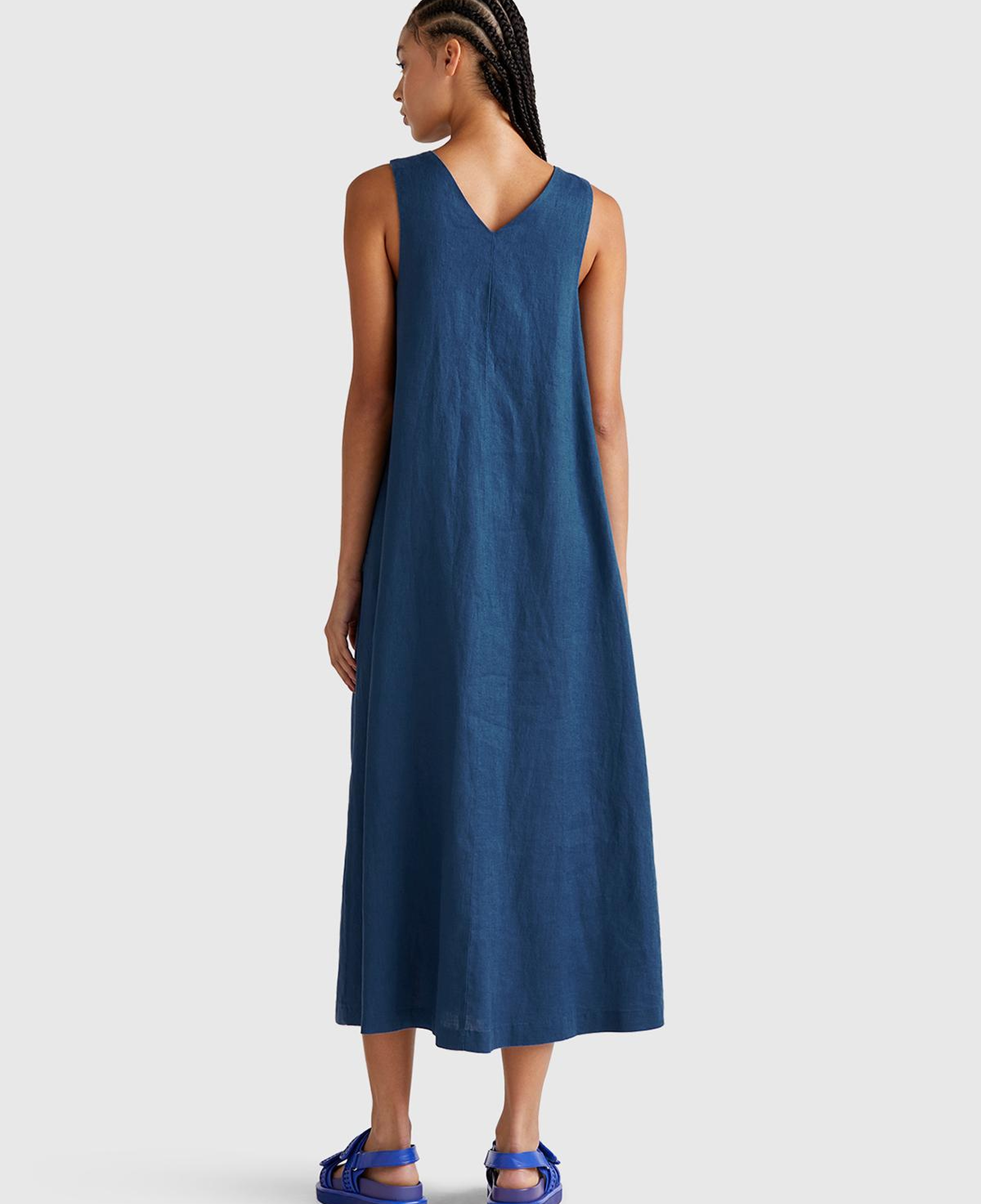 Kadın Denim %100 Keten V Yaka Kolsuz A Kesim Midi Elbise