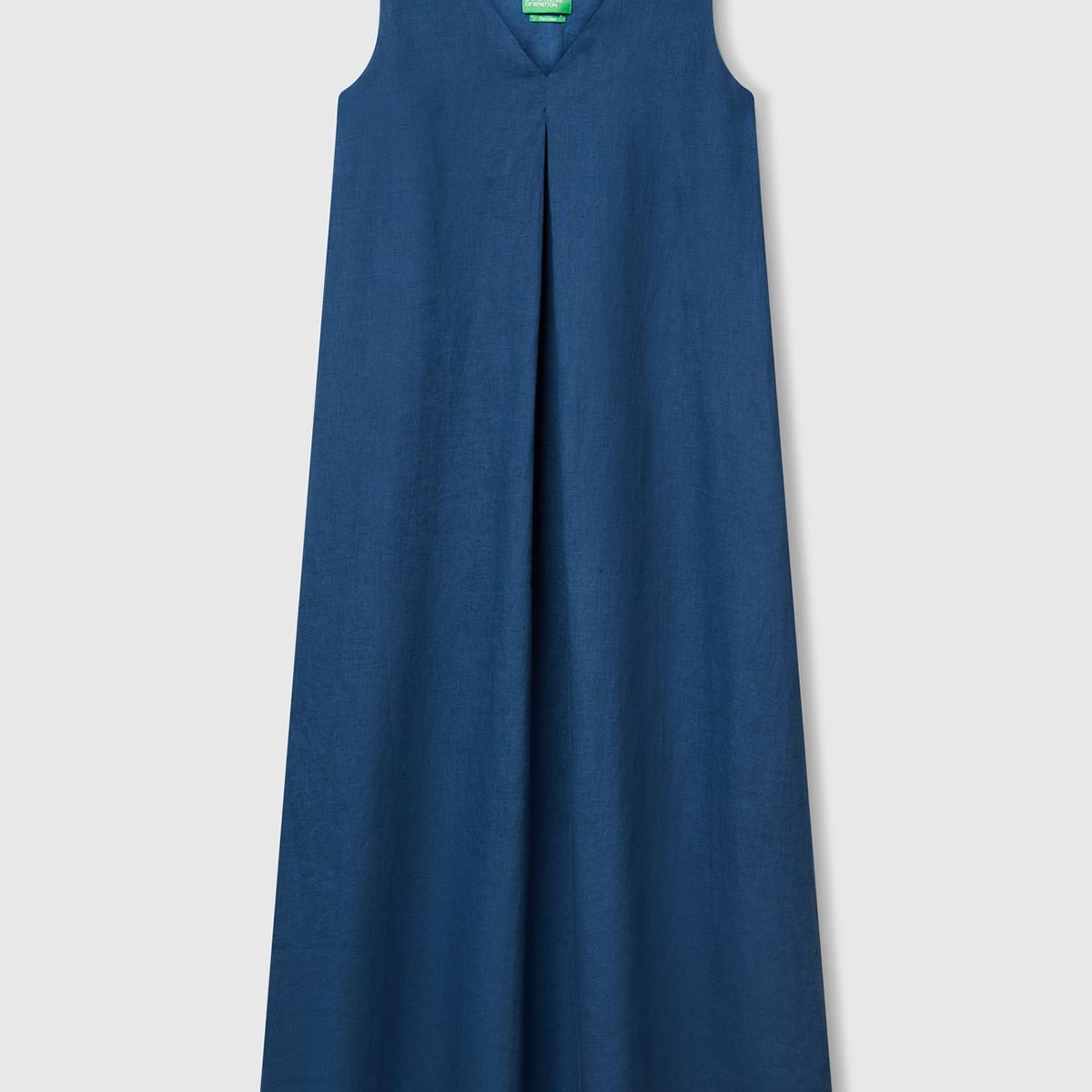 Kadın Denim %100 Keten V Yaka Kolsuz A Kesim Midi Elbise