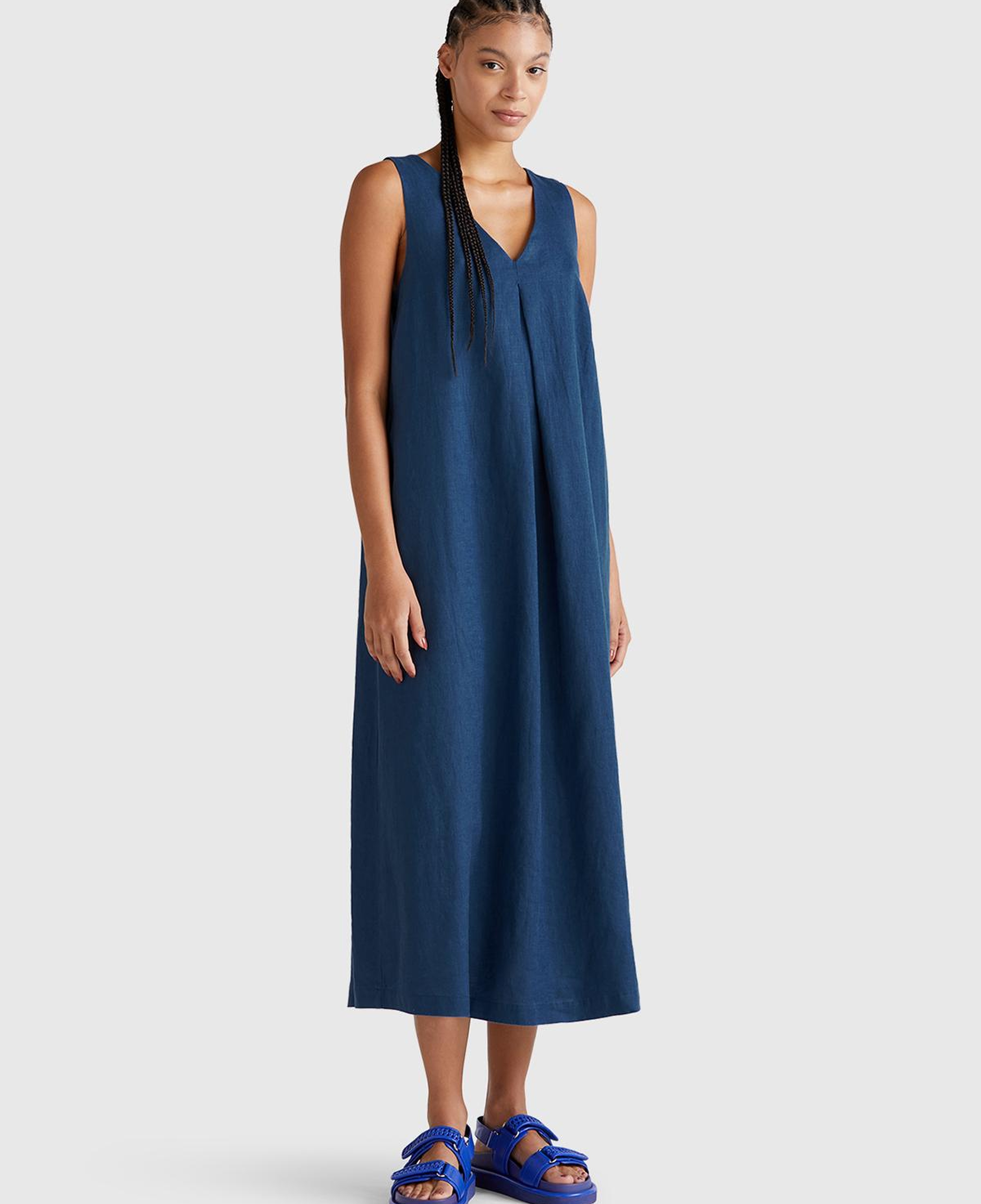 Kadın Denim %100 Keten V Yaka Kolsuz A Kesim Midi Elbise