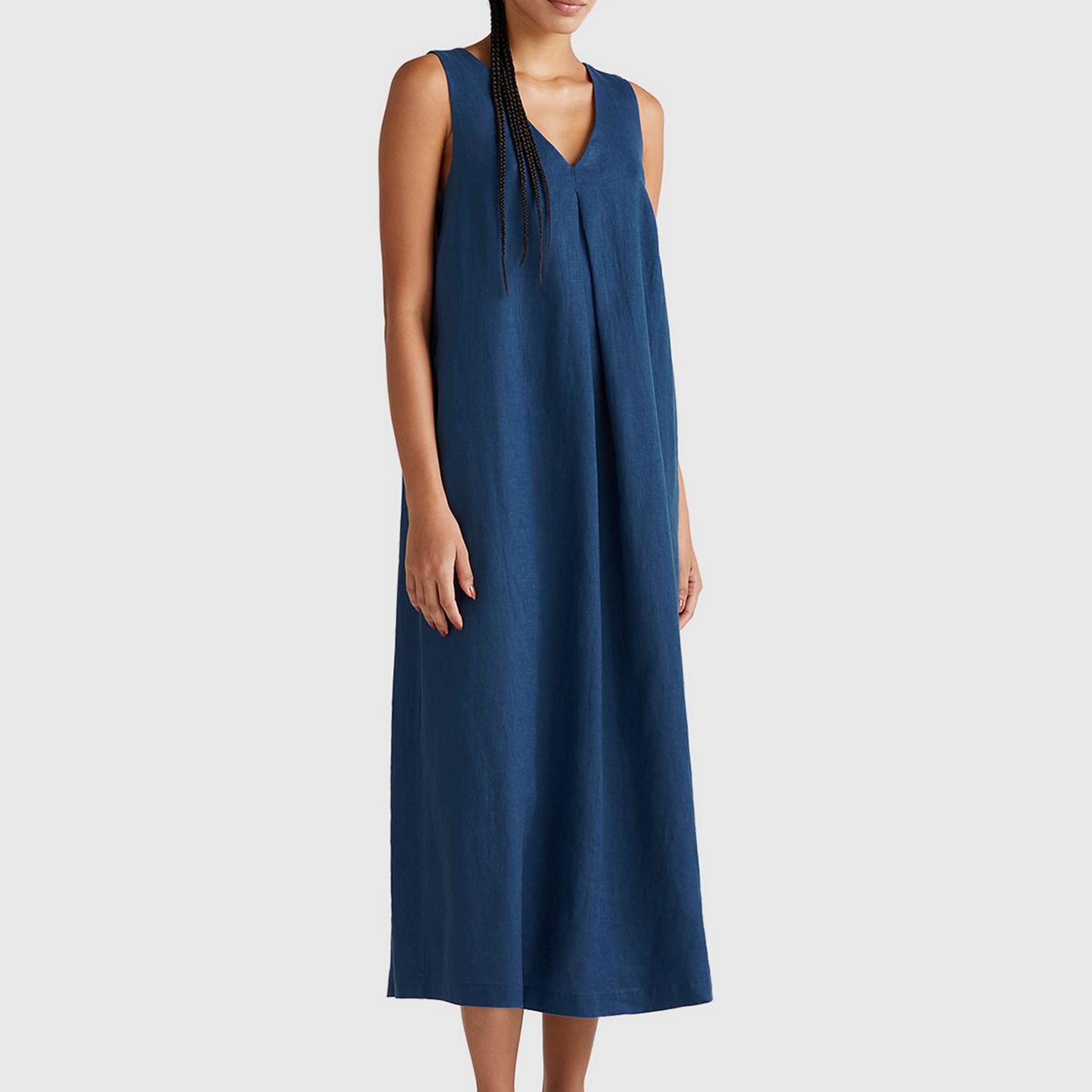 Kadın Denim %100 Keten V Yaka Kolsuz A Kesim Midi Elbise