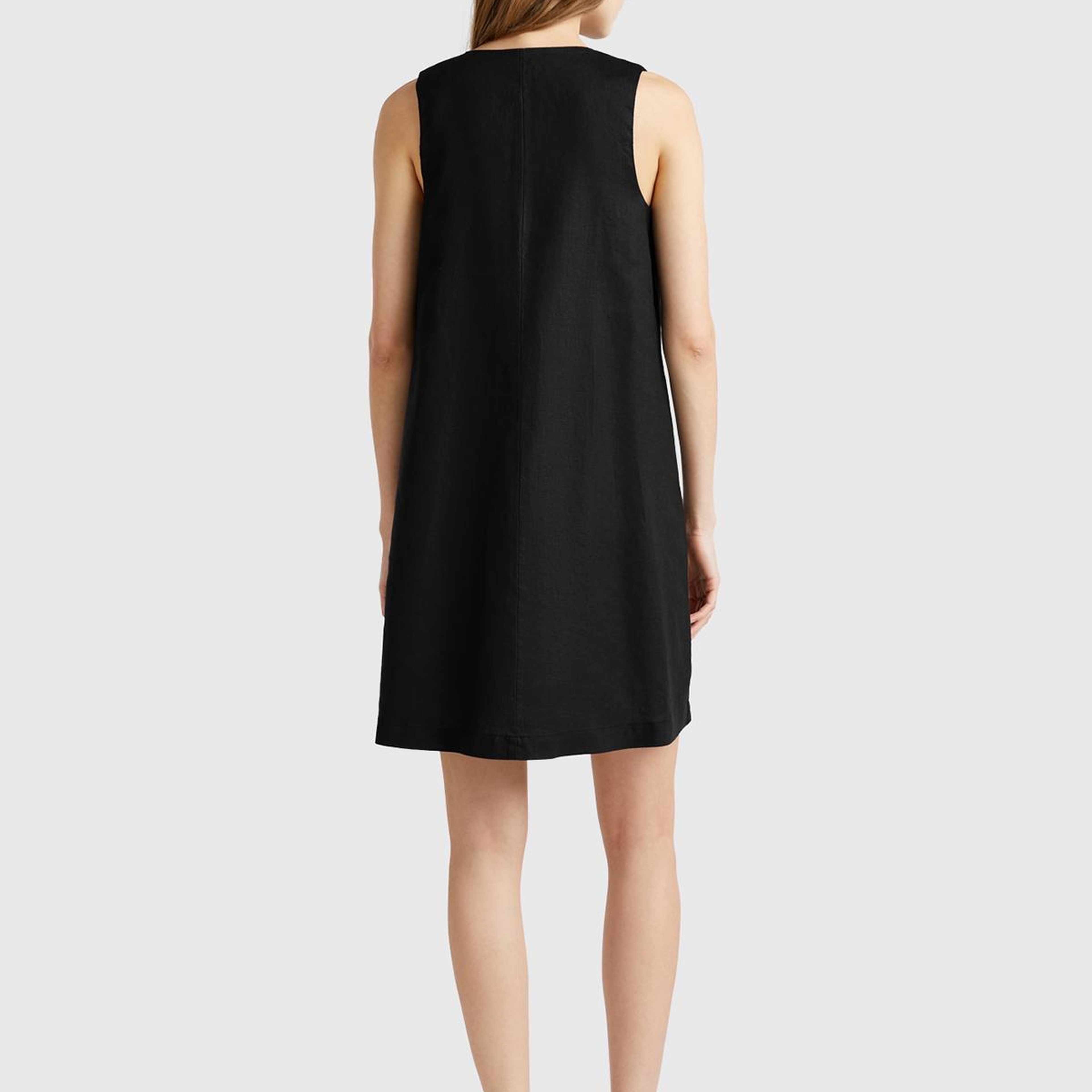 Kadın Siyah %100 Keten Yanı Fermuarlı A Kesim V Yaka Kısa Elbise