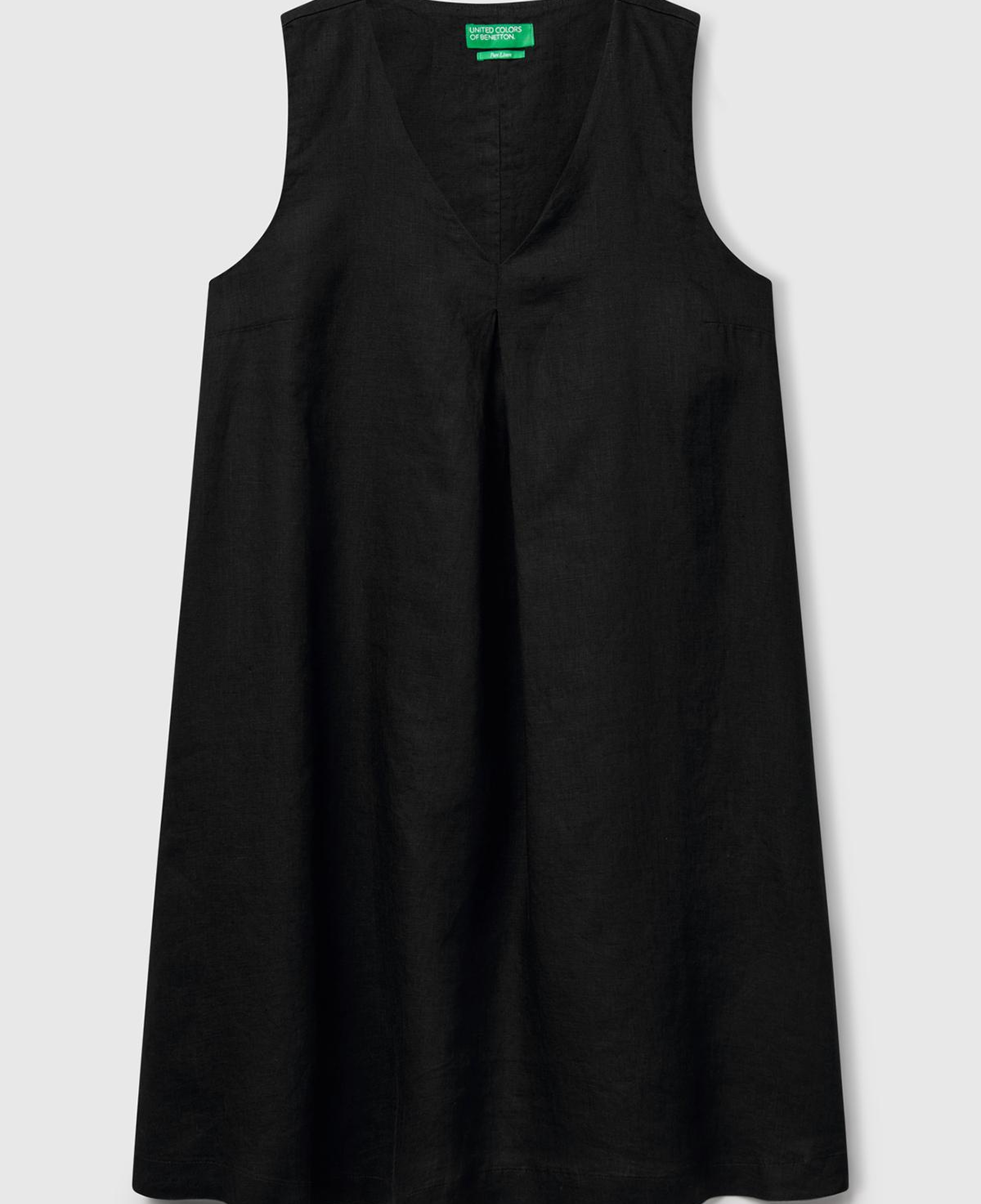 Kadın Siyah %100 Keten Yanı Fermuarlı A Kesim V Yaka Kısa Elbise