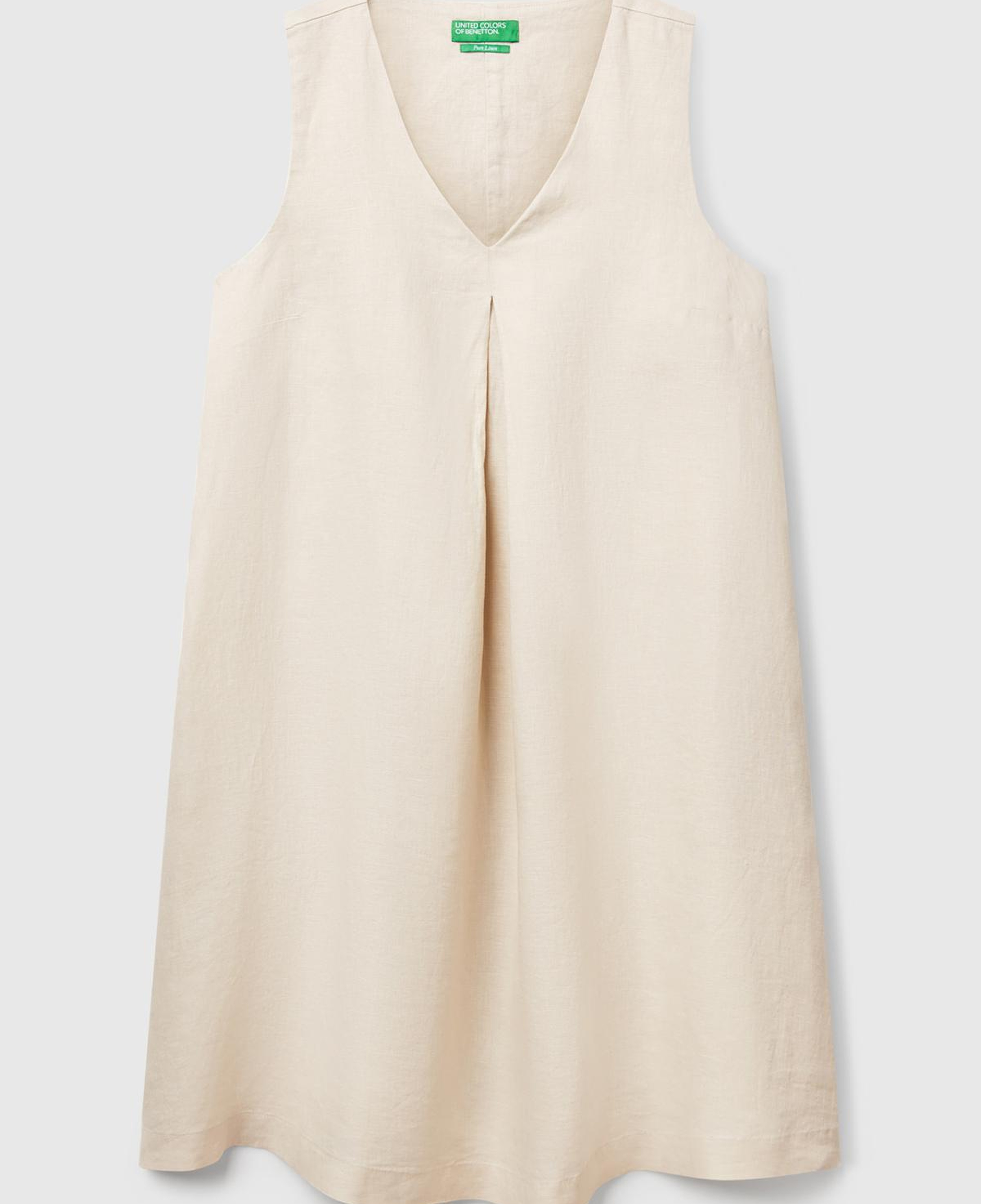 Kadın Taş Rengi %100 Keten Yanı Fermuarlı A Kesim V Yaka Kısa Elbise