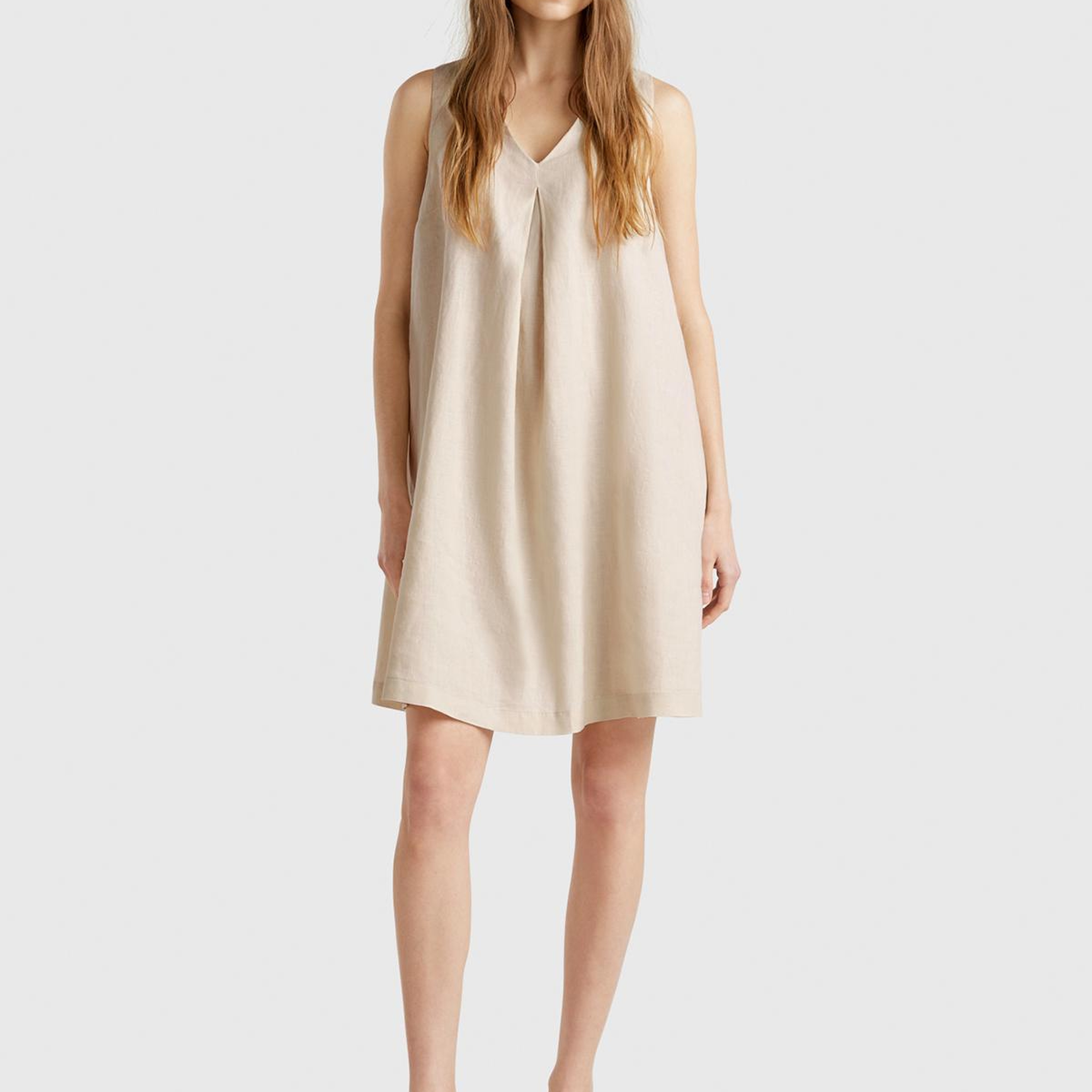 Kadın Taş Rengi %100 Keten Yanı Fermuarlı A Kesim V Yaka Kısa Elbise