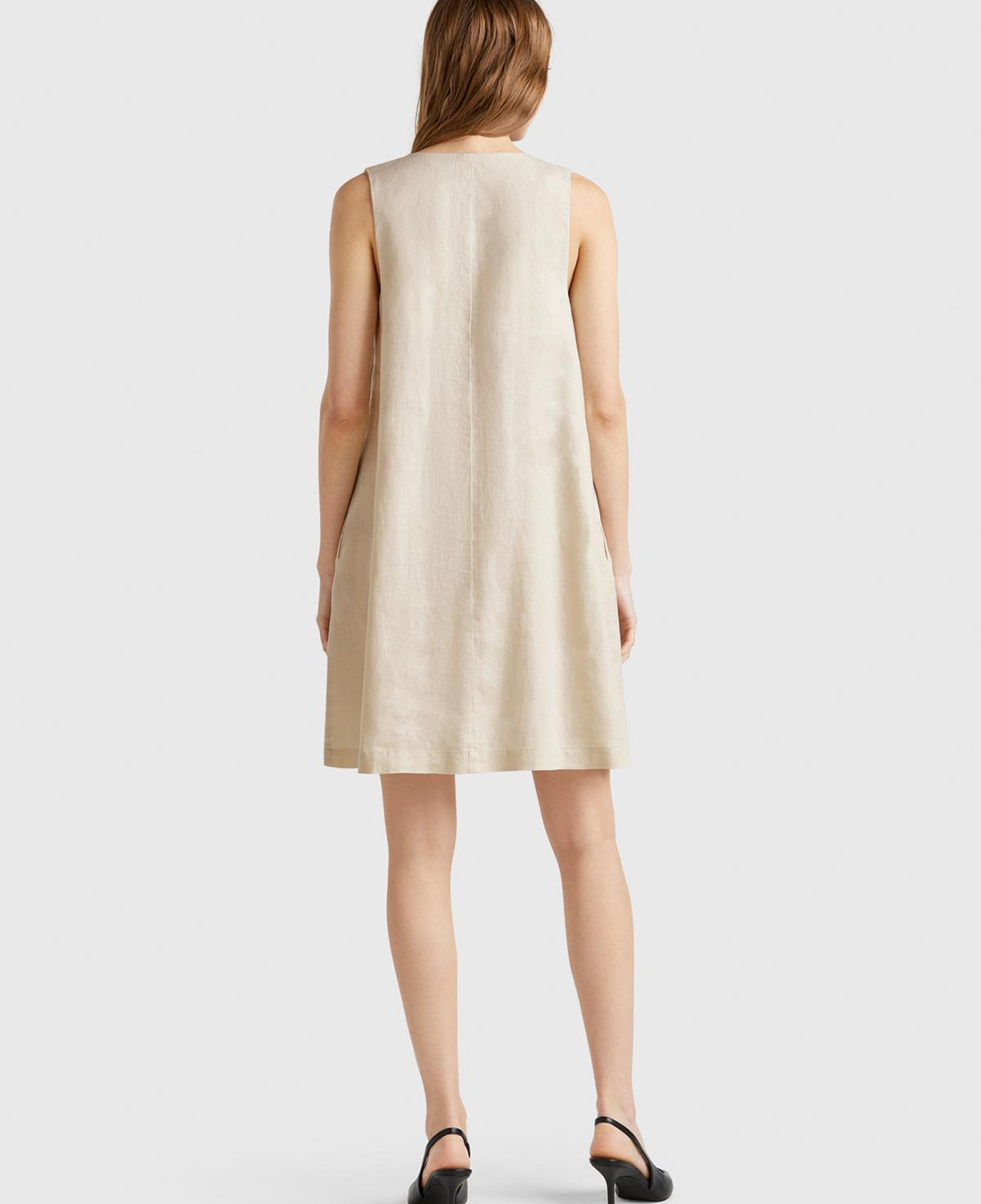 Kadın Taş Rengi %100 Keten Yanı Fermuarlı A Kesim V Yaka Kısa Elbise