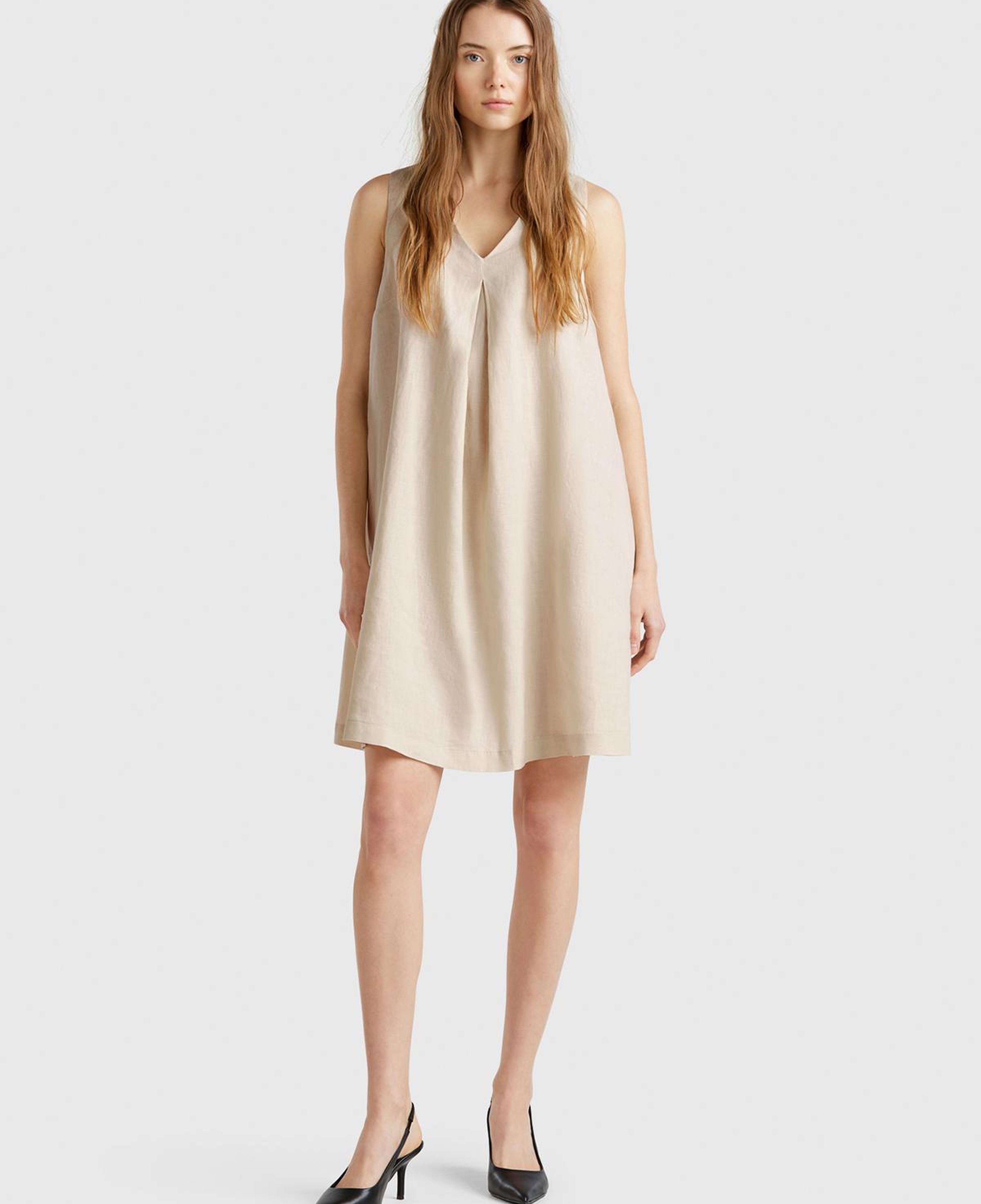 Kadın Taş Rengi %100 Keten Yanı Fermuarlı A Kesim V Yaka Kısa Elbise