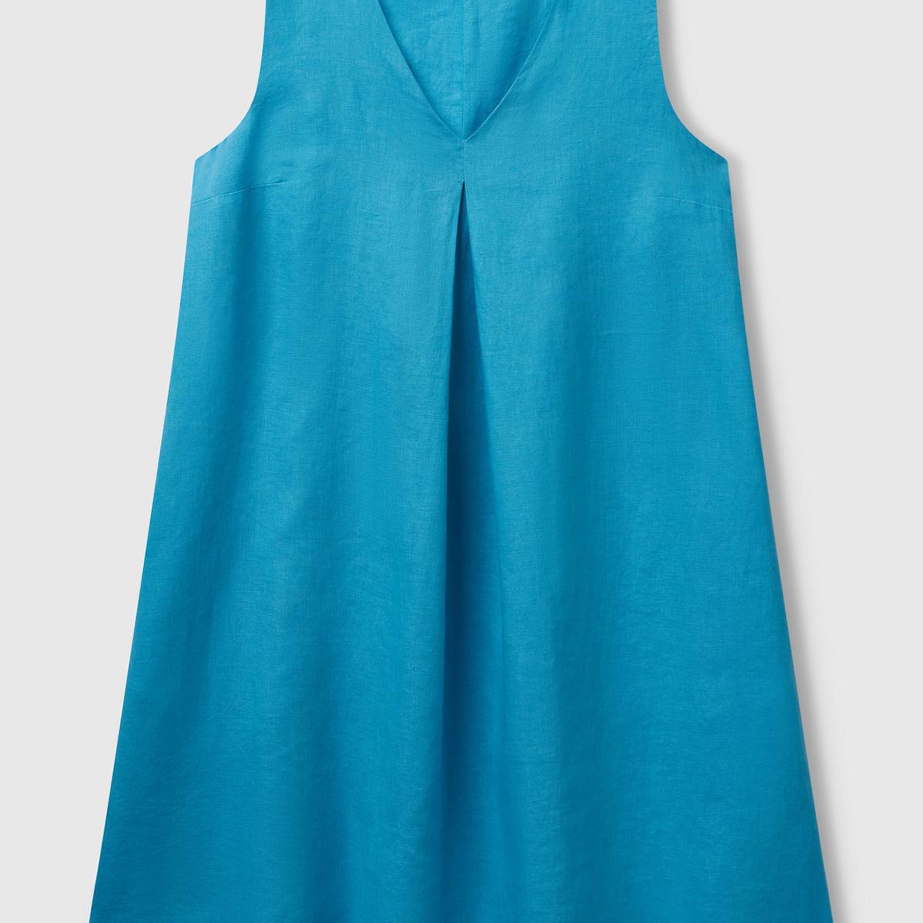 Kadın Mavi %100 Keten Yanı Fermuarlı A Kesim V Yaka Kısa Elbise