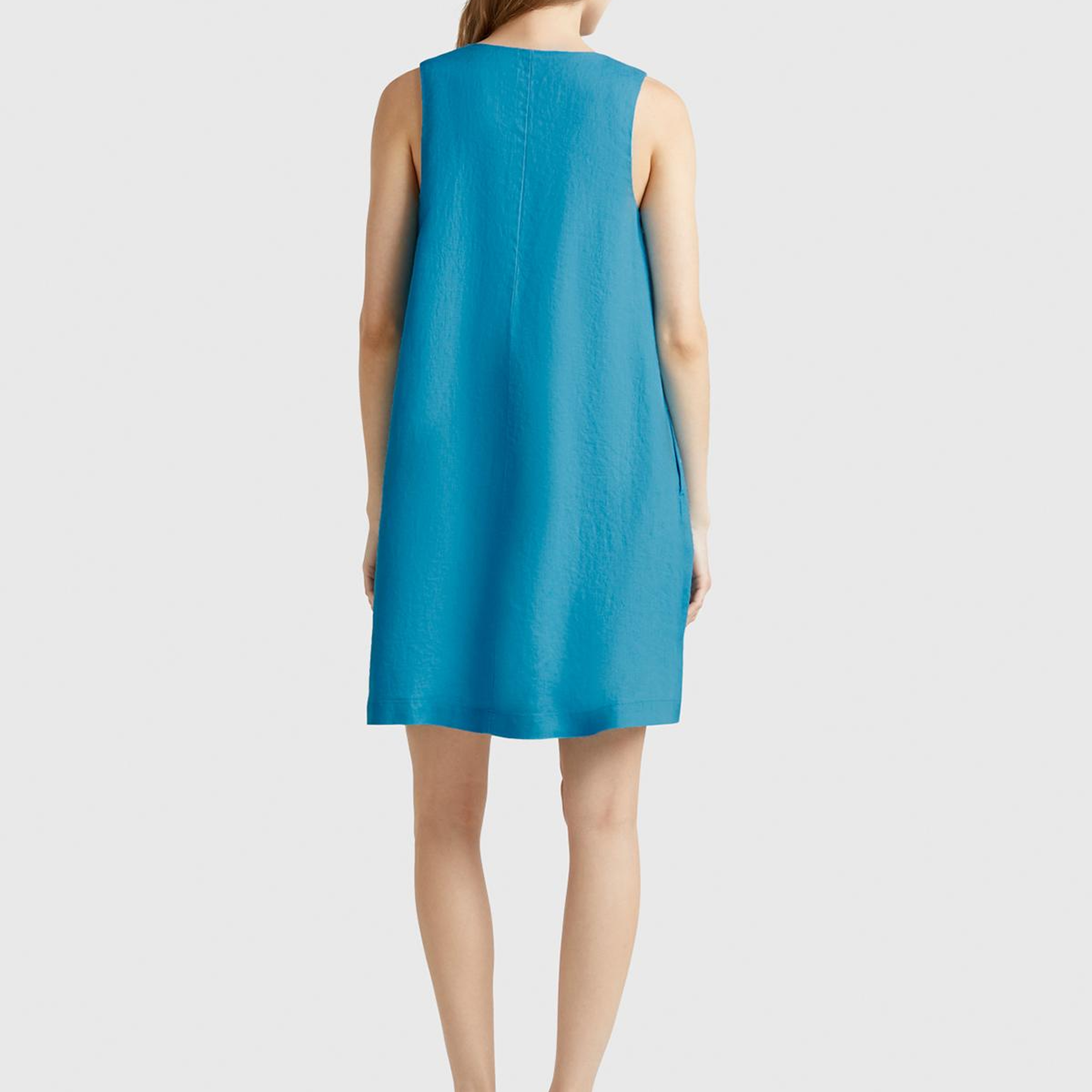 Kadın Mavi %100 Keten Yanı Fermuarlı A Kesim V Yaka Kısa Elbise