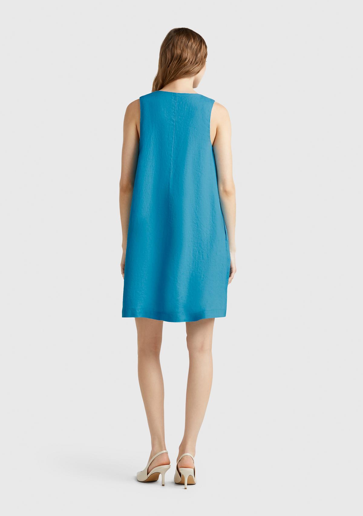 Kadın Mavi %100 Keten Yanı Fermuarlı A Kesim V Yaka Kısa Elbise