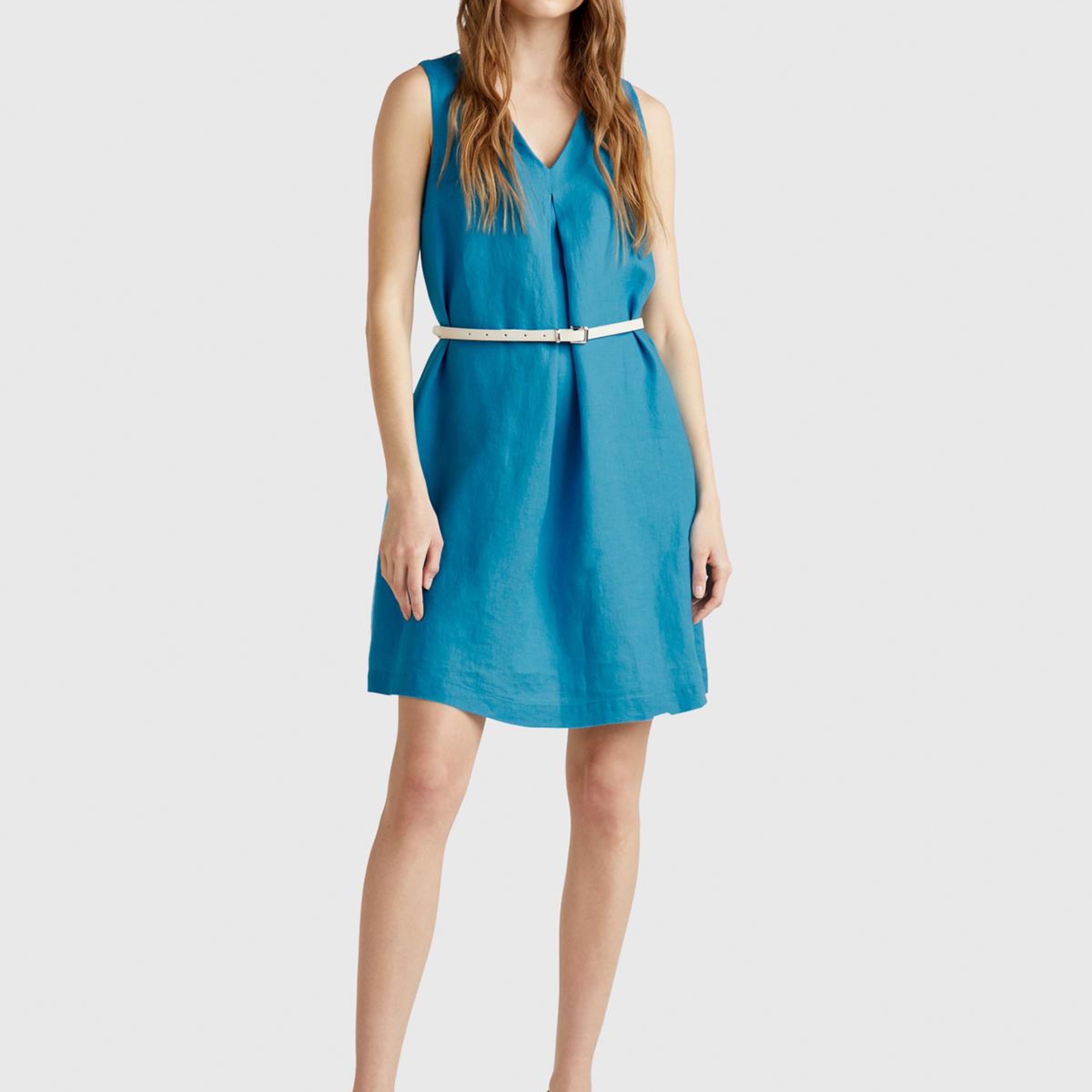 Kadın Mavi %100 Keten Yanı Fermuarlı A Kesim V Yaka Kısa Elbise