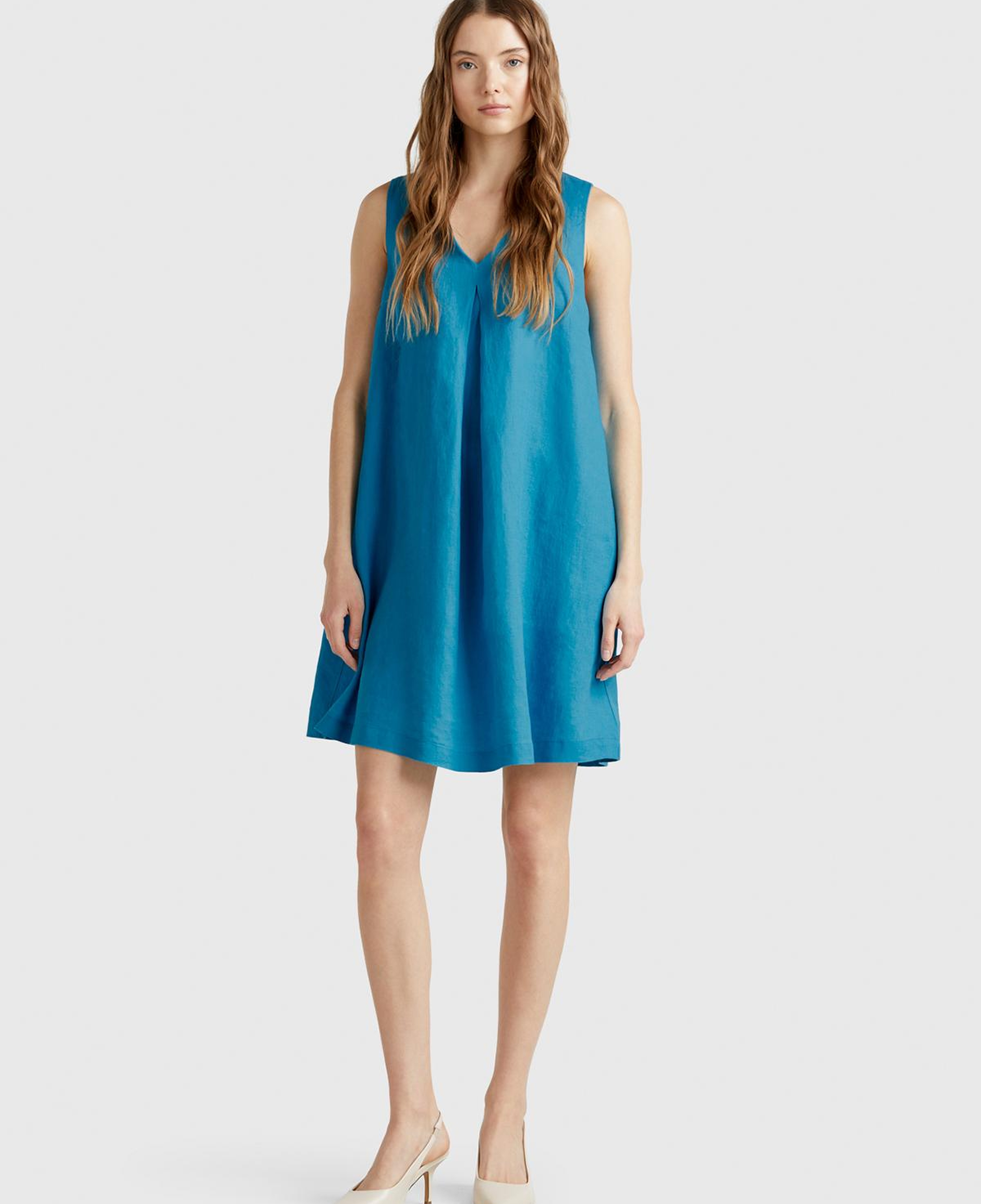 Kadın Mavi %100 Keten Yanı Fermuarlı A Kesim V Yaka Kısa Elbise