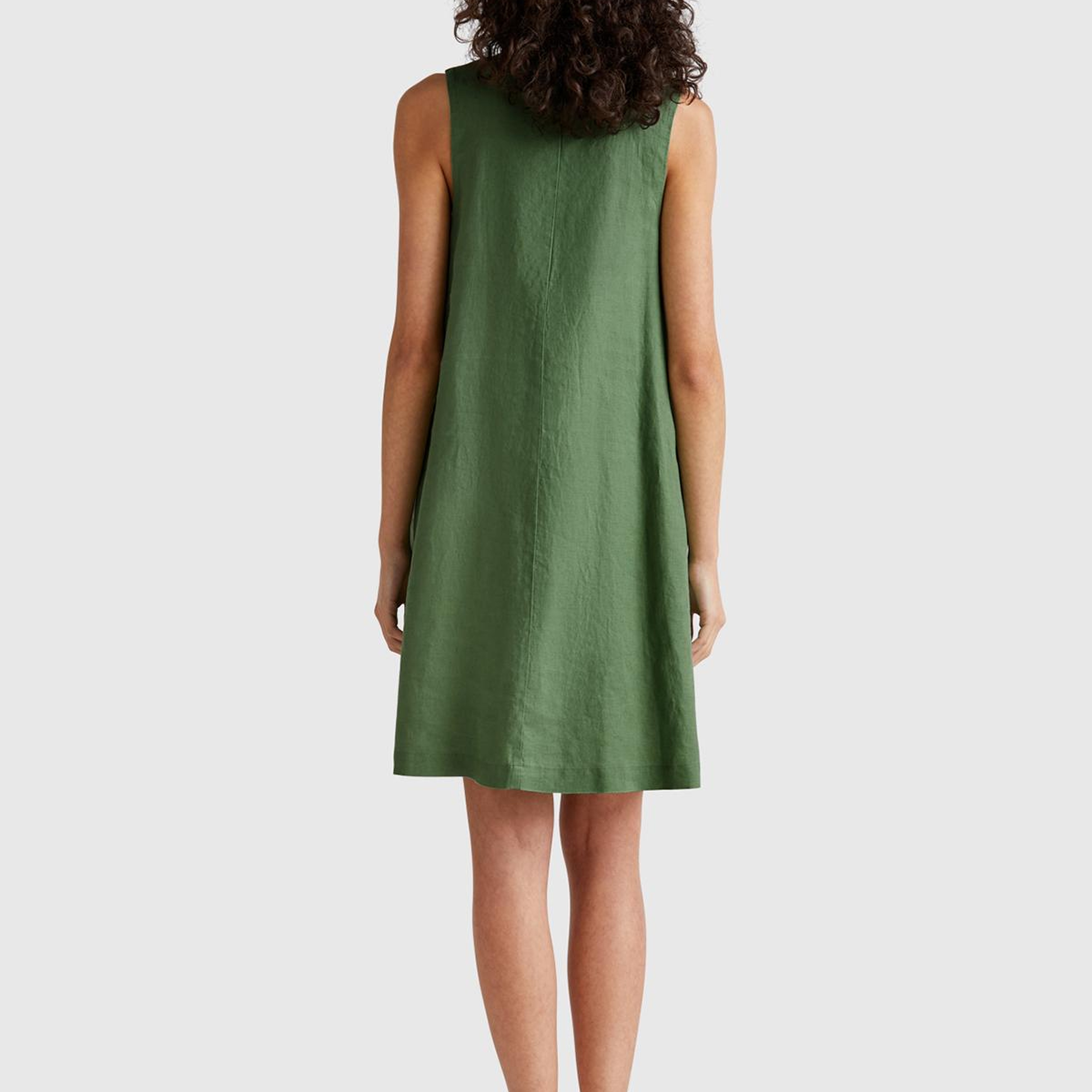 Kadın Açık Yeşil %100 Keten Yanı Fermuarlı A Kesim V Yaka Kısa Elbise