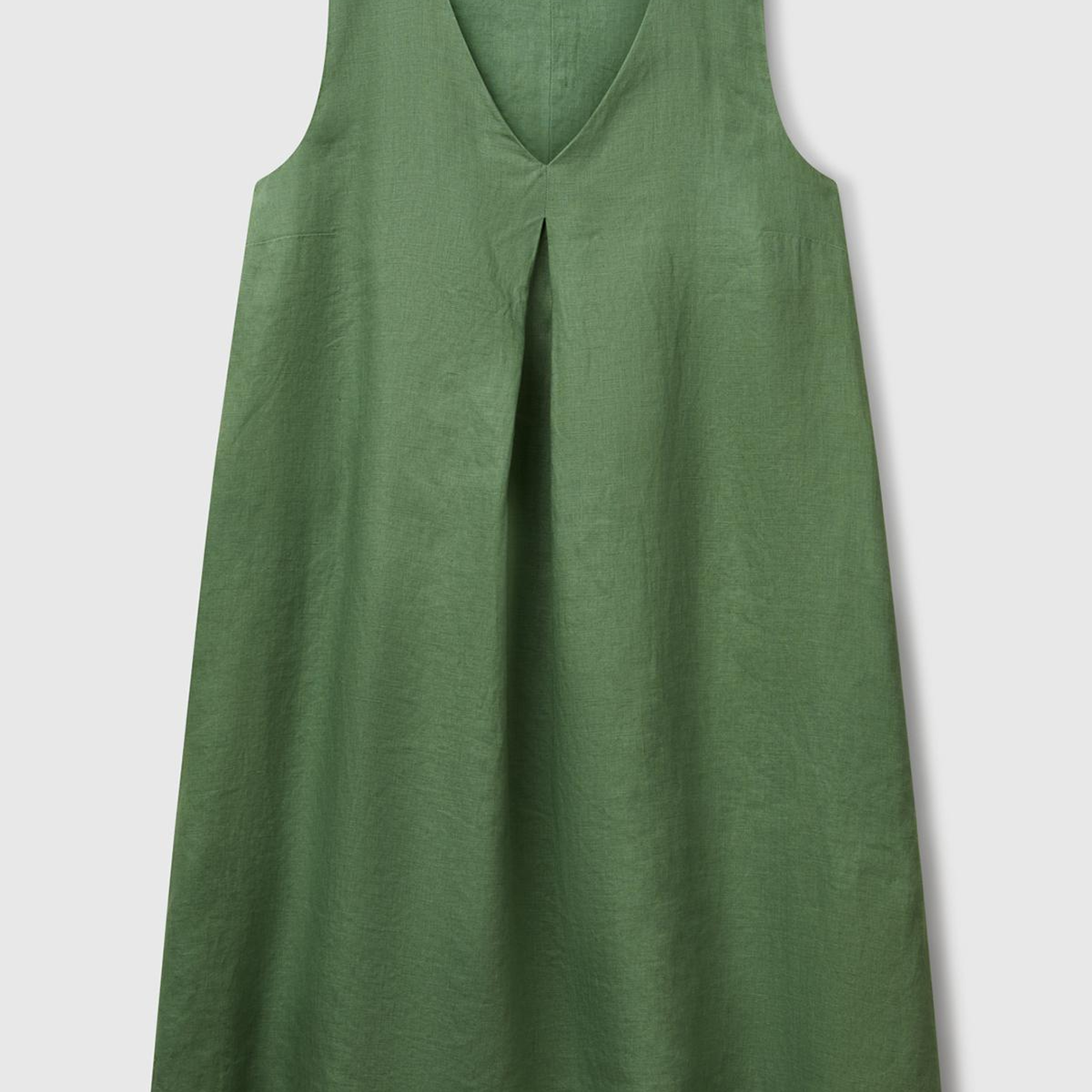 Kadın Açık Yeşil %100 Keten Yanı Fermuarlı A Kesim V Yaka Kısa Elbise