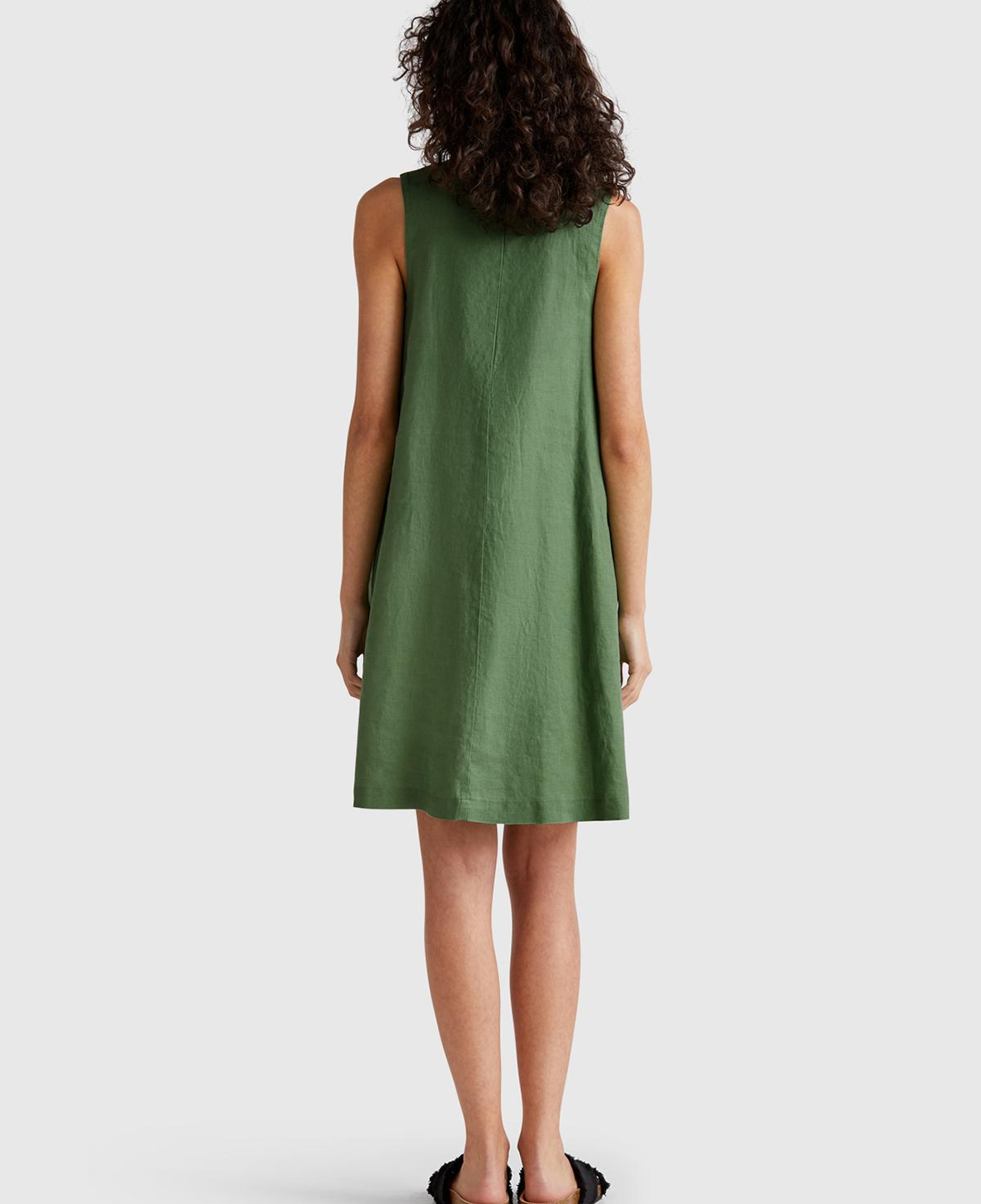 Kadın Açık Yeşil %100 Keten Yanı Fermuarlı A Kesim V Yaka Kısa Elbise