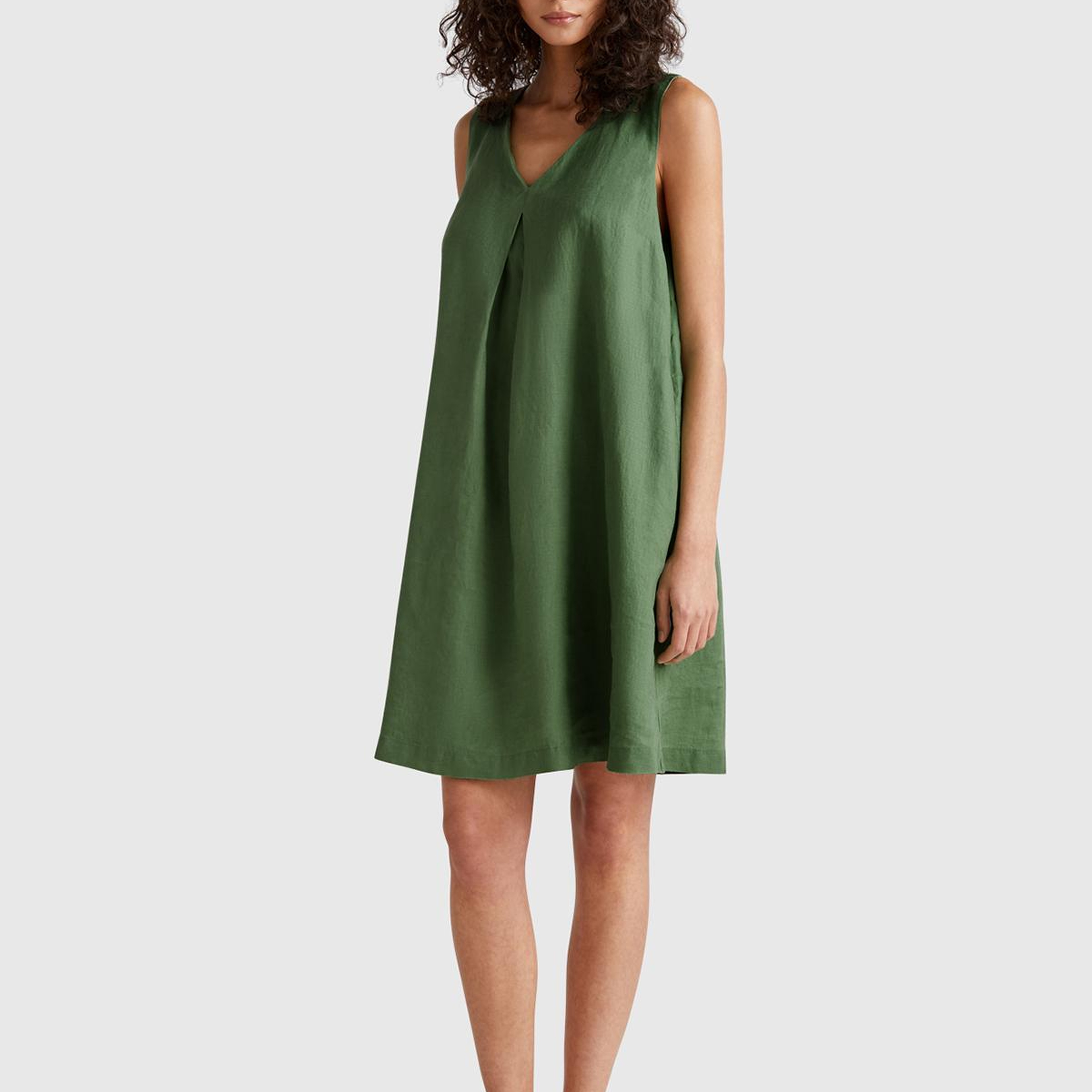 Kadın Açık Yeşil %100 Keten Yanı Fermuarlı A Kesim V Yaka Kısa Elbise