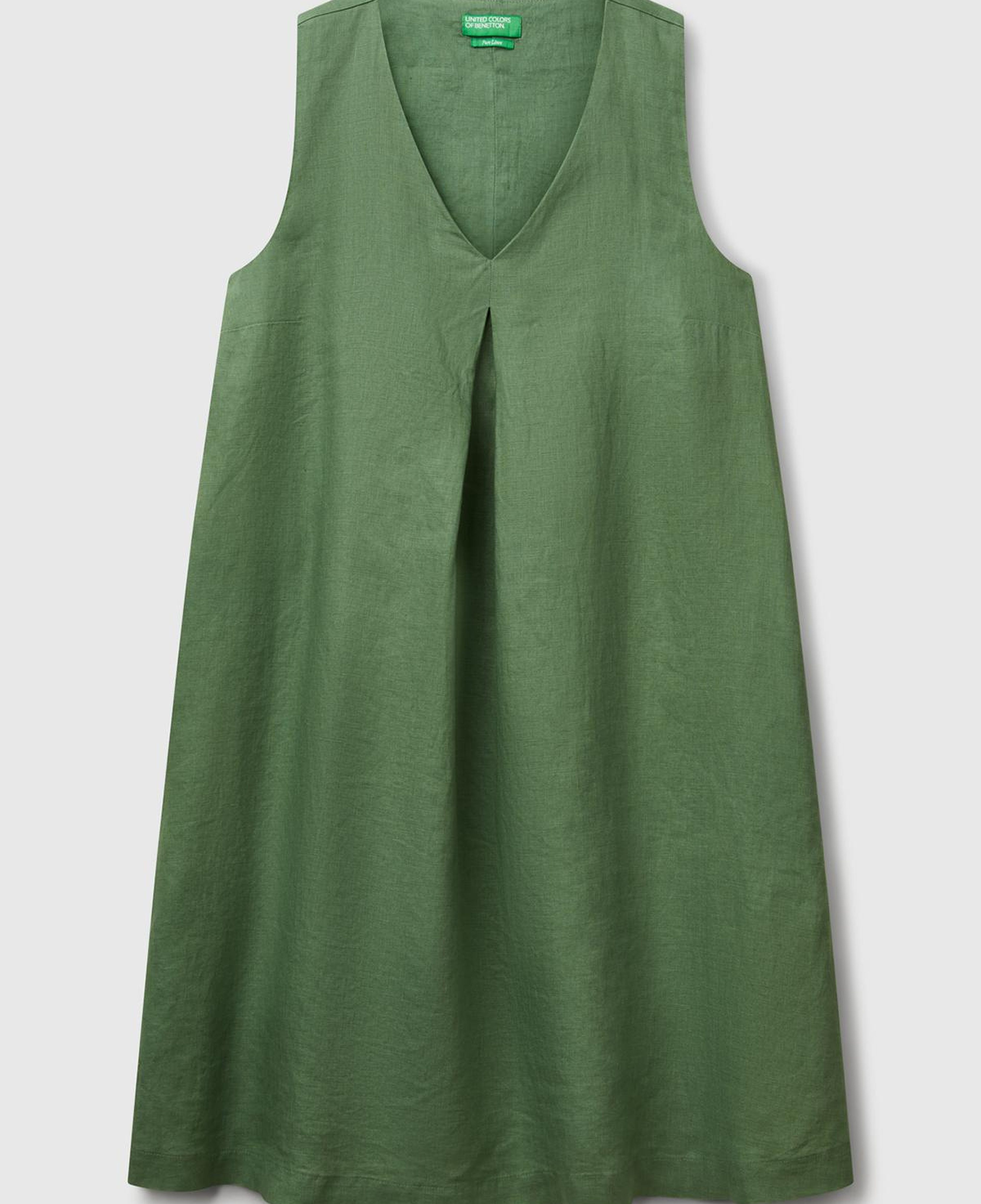 Kadın Açık Yeşil %100 Keten Yanı Fermuarlı A Kesim V Yaka Kısa Elbise