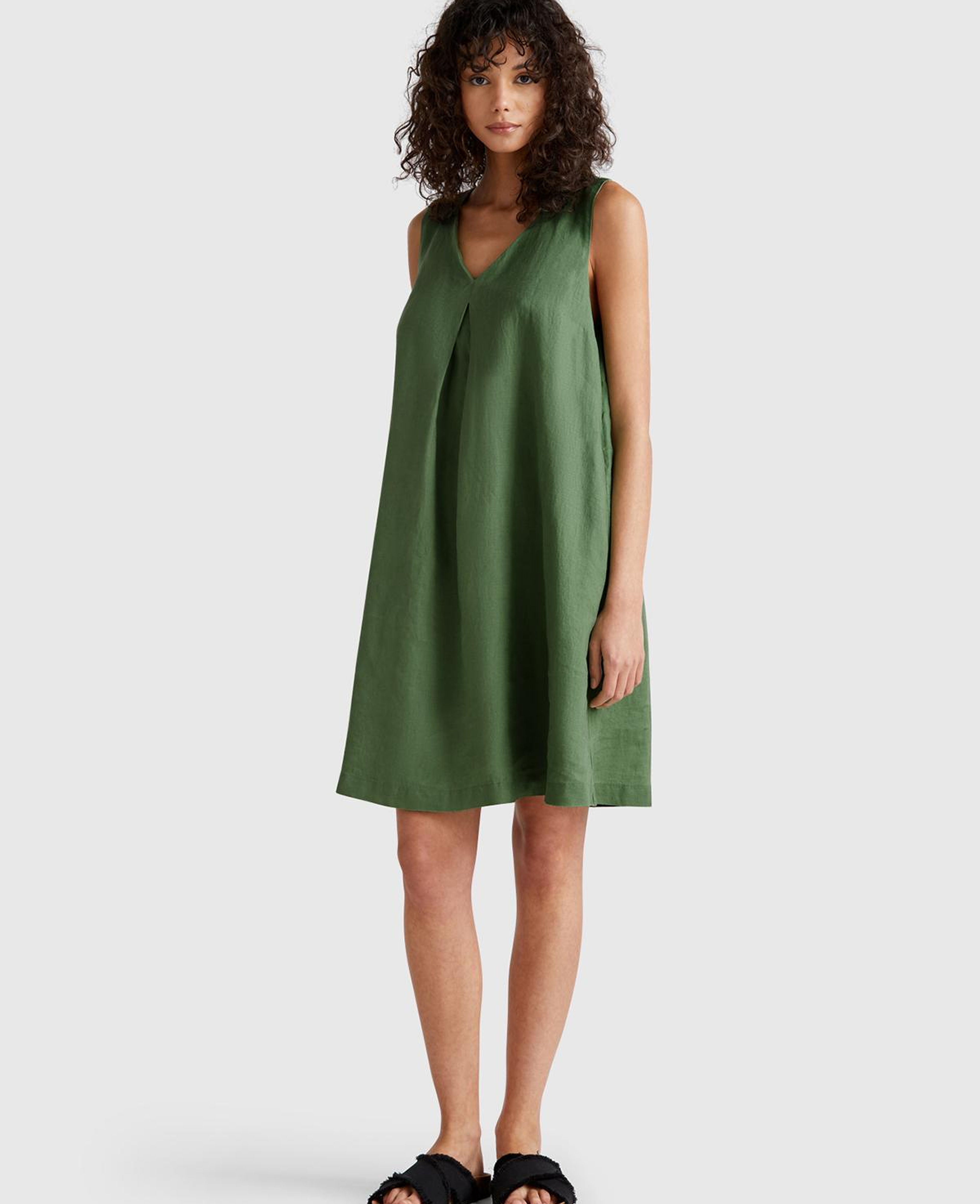Kadın Açık Yeşil %100 Keten Yanı Fermuarlı A Kesim V Yaka Kısa Elbise
