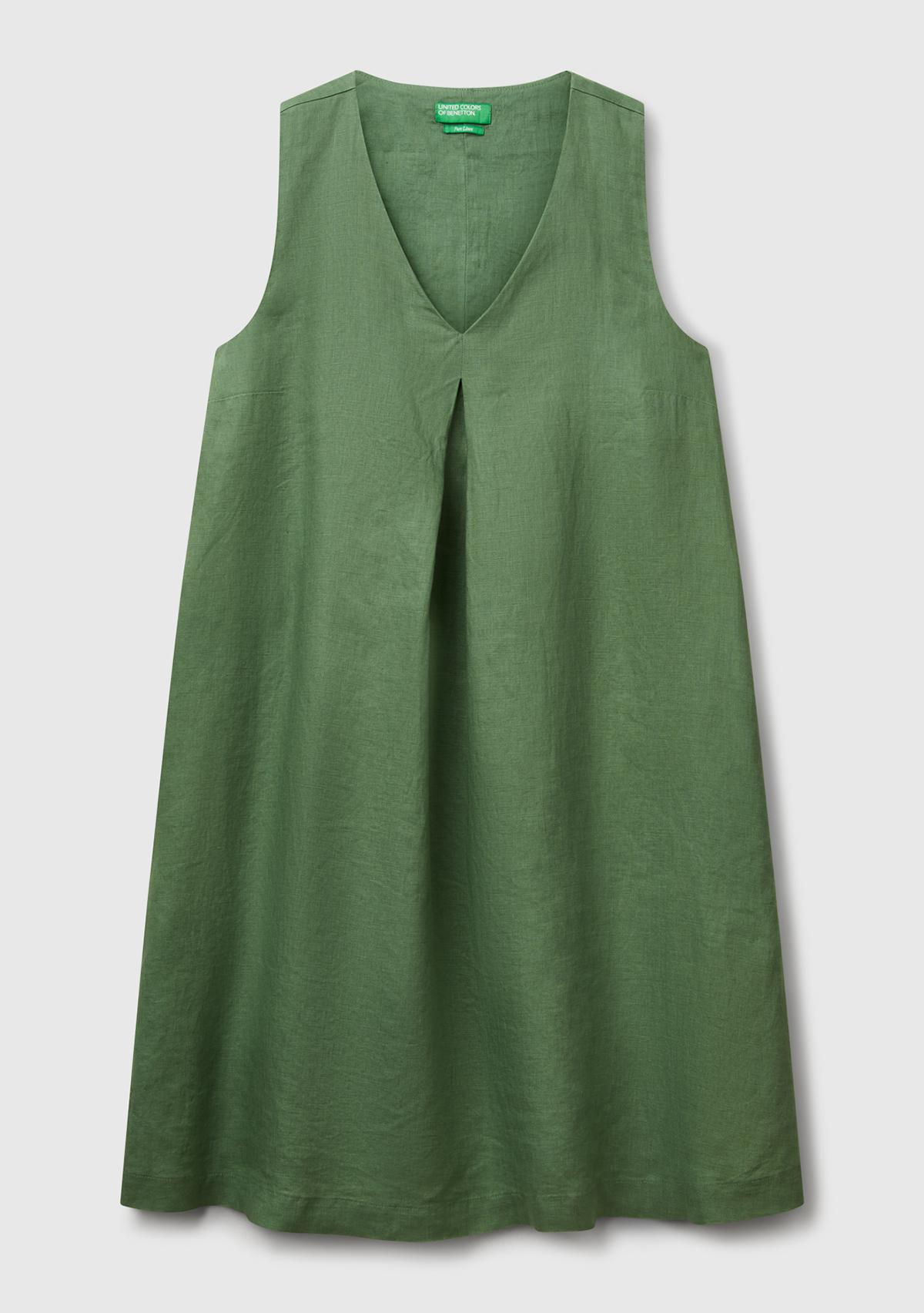 Kadın Açık Yeşil %100 Keten Yanı Fermuarlı A Kesim V Yaka Kısa Elbise
