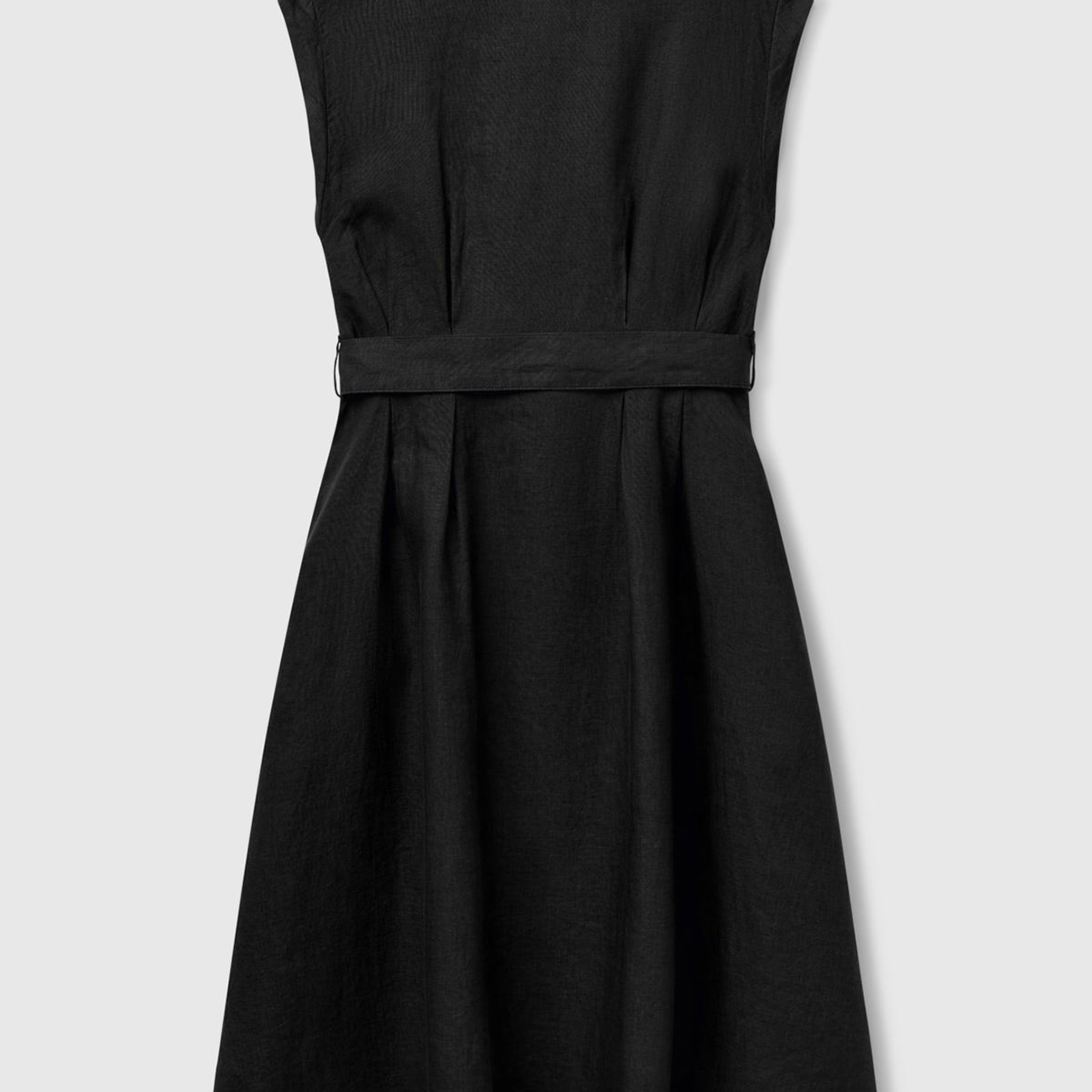 Kadın Siyah %100 Keten Pileli Çıkarılabilir Kuşaklı Gömlek Elbise