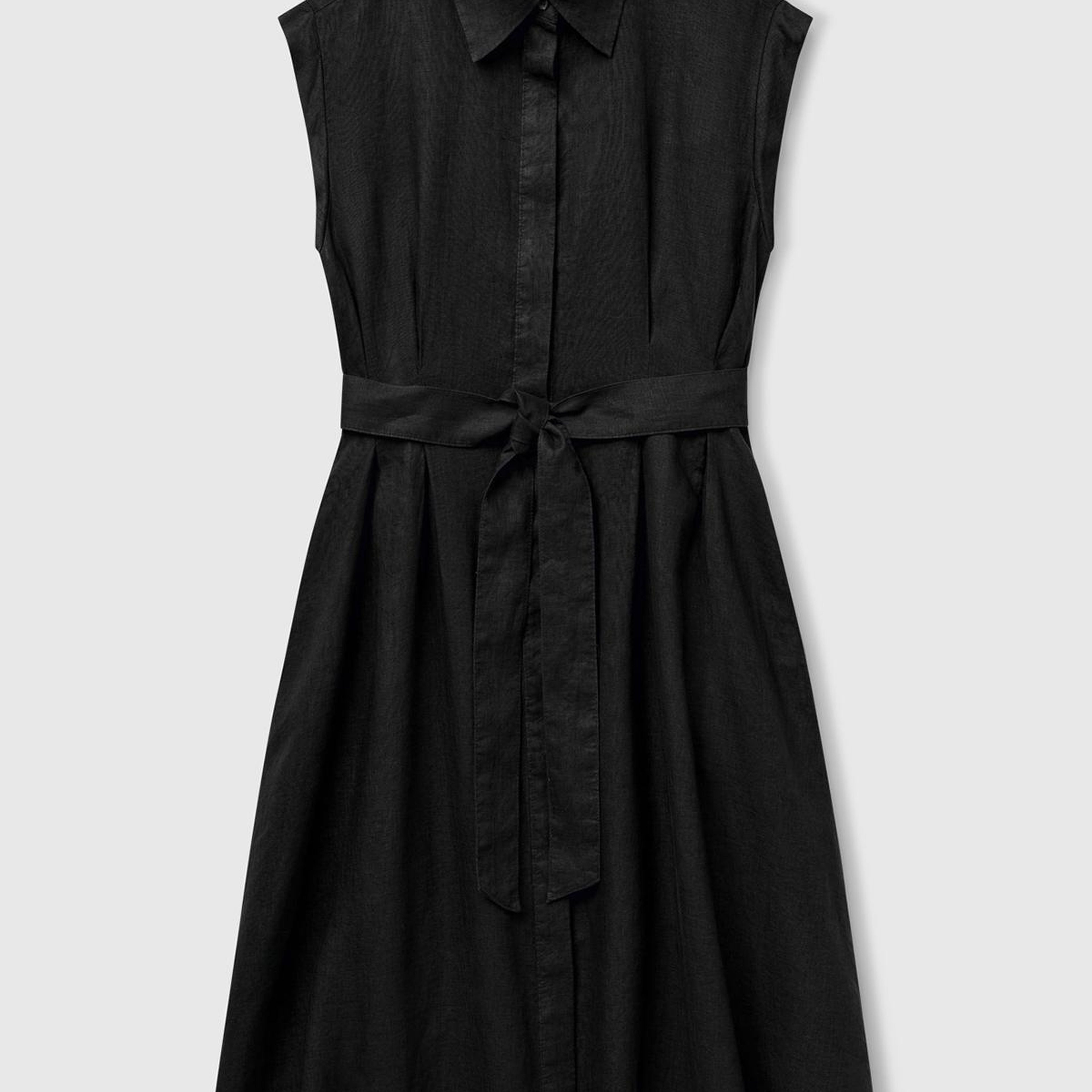 Kadın Siyah %100 Keten Pileli Çıkarılabilir Kuşaklı Gömlek Elbise