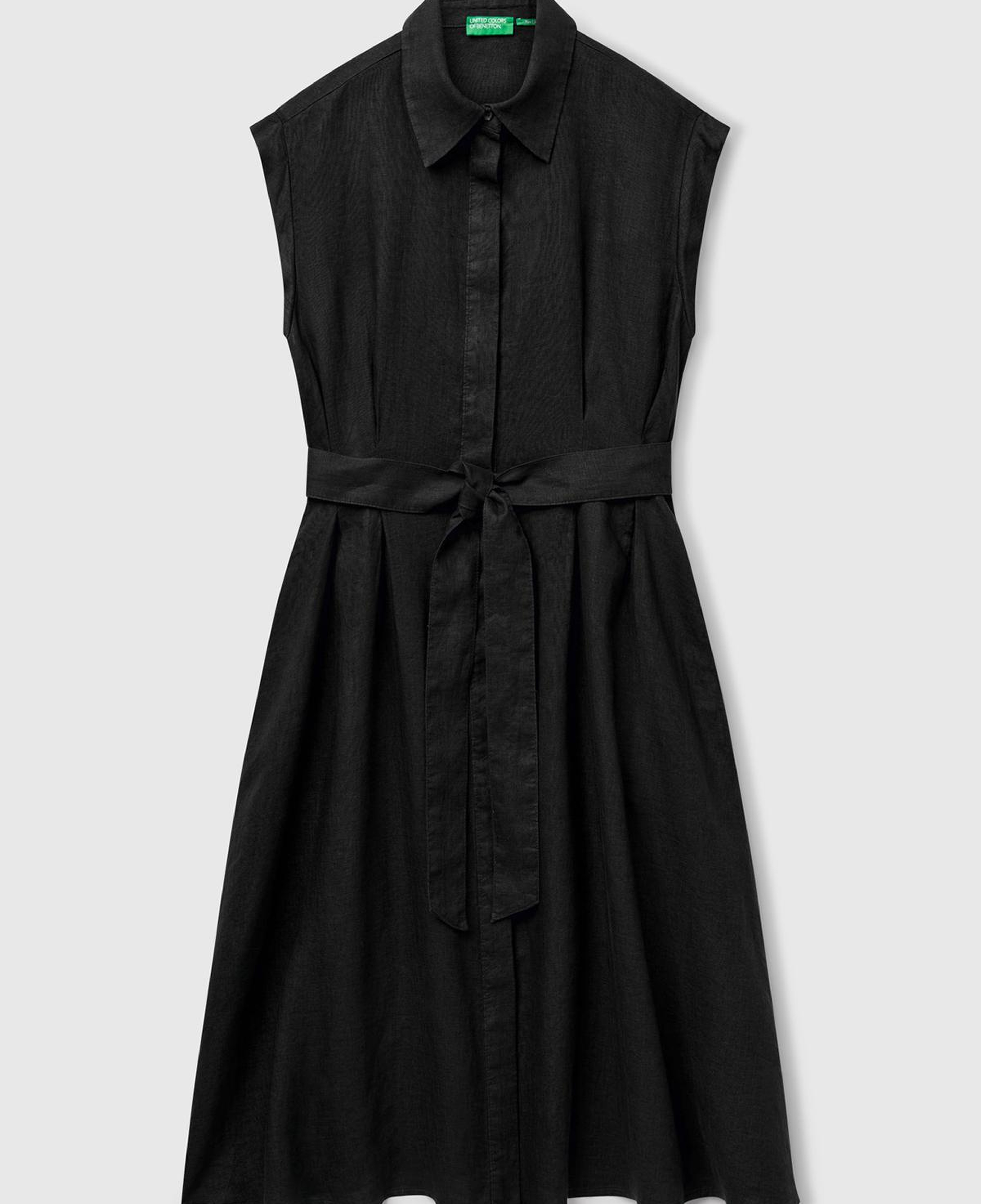 Kadın Siyah %100 Keten Pileli Çıkarılabilir Kuşaklı Gömlek Elbise