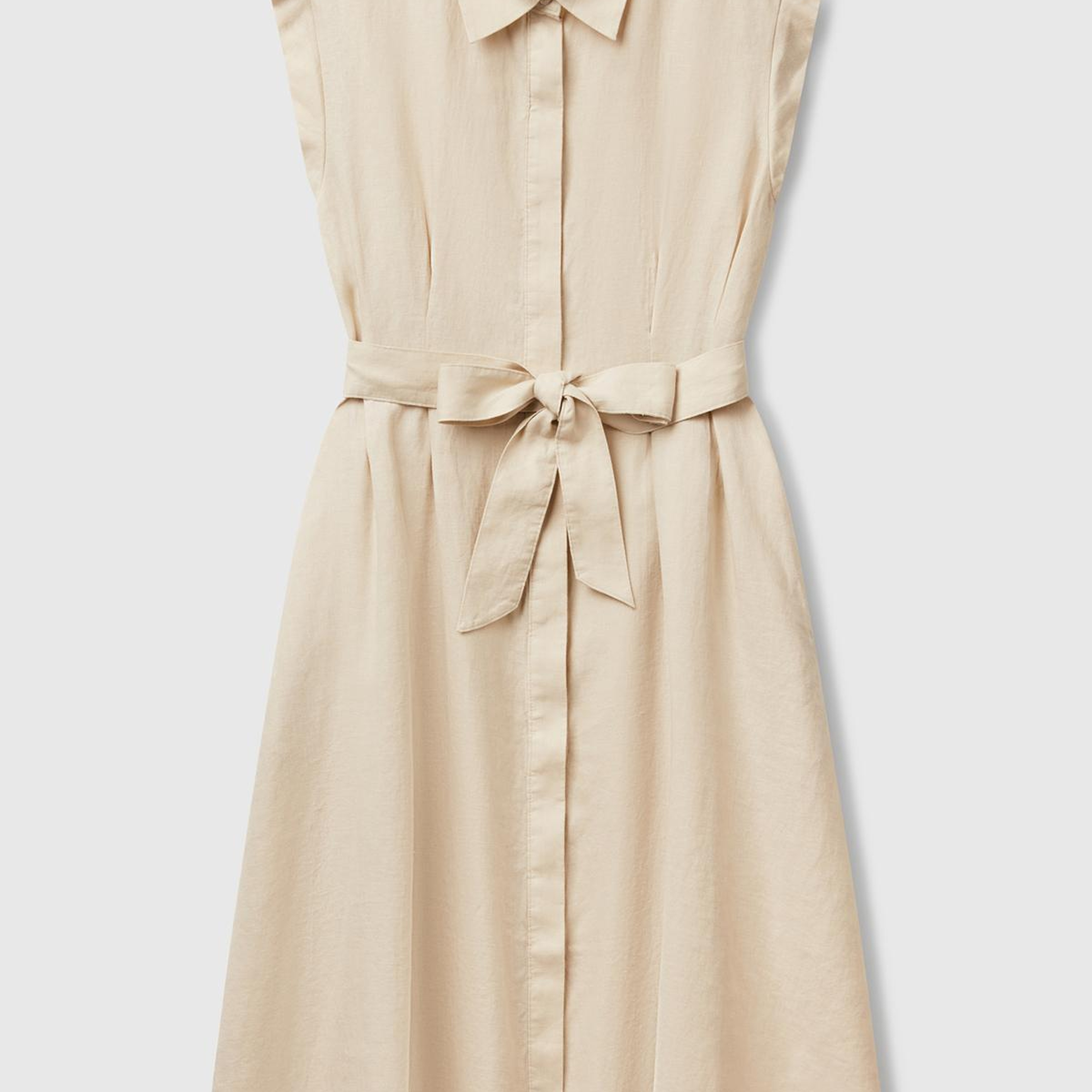 Kadın Taş Rengi %100 Keten Pileli Çıkarılabilir Kuşaklı Gömlek Elbise